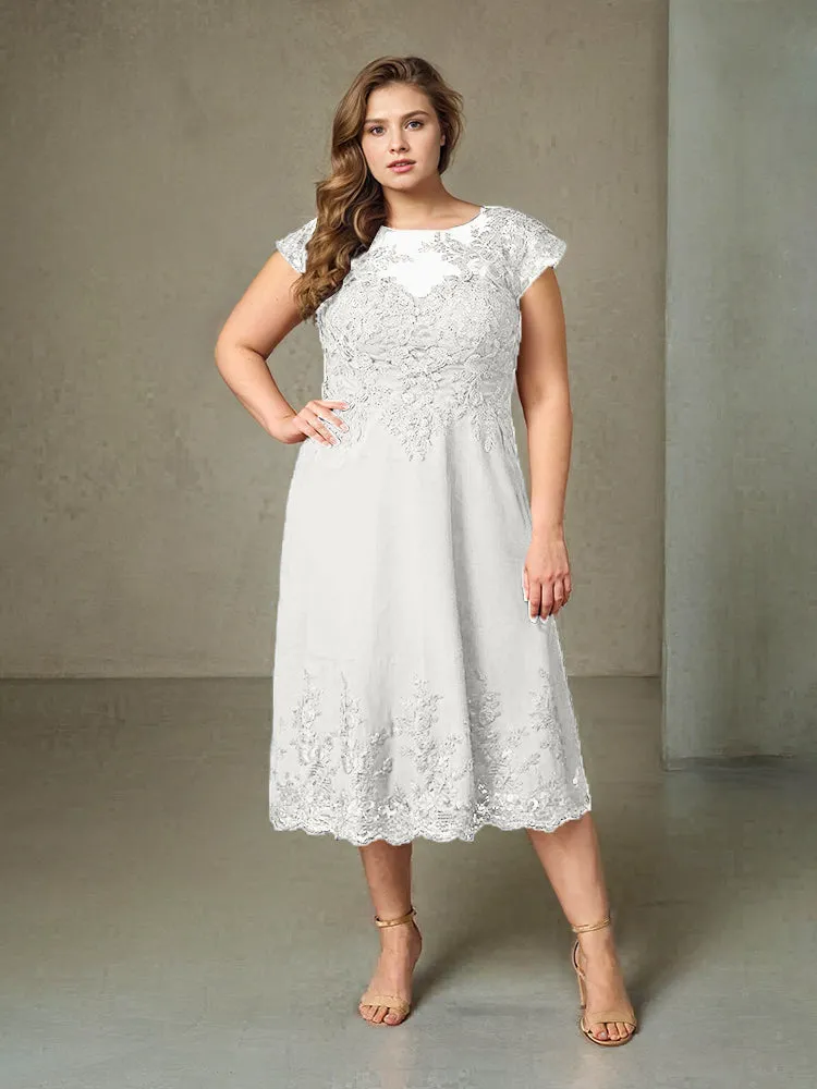 Plus Size Tea Length Lace Appliques Chiffon Mother Of The Bride Dress