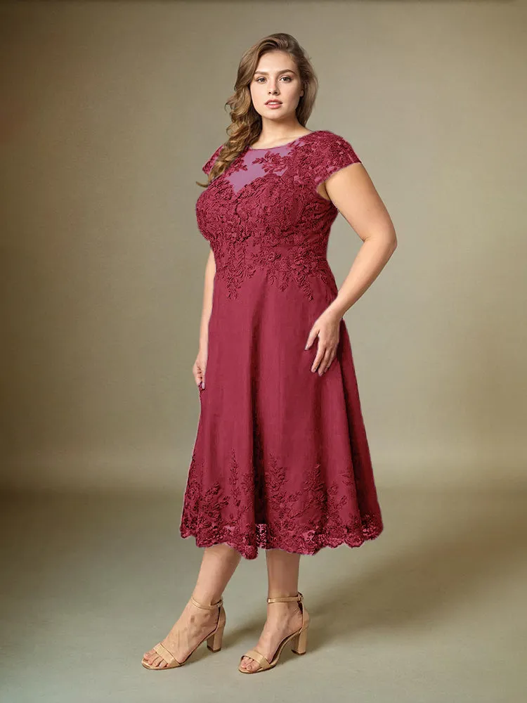 Plus Size Tea Length Lace Appliques Chiffon Mother Of The Bride Dress