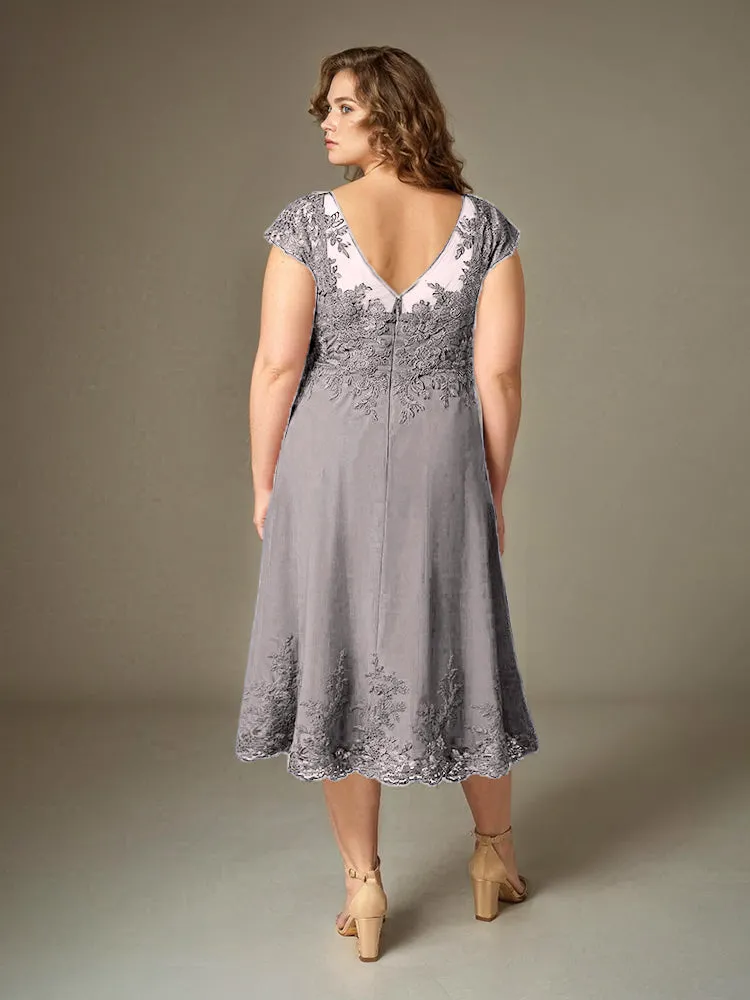 Plus Size Tea Length Lace Appliques Chiffon Mother Of The Bride Dress