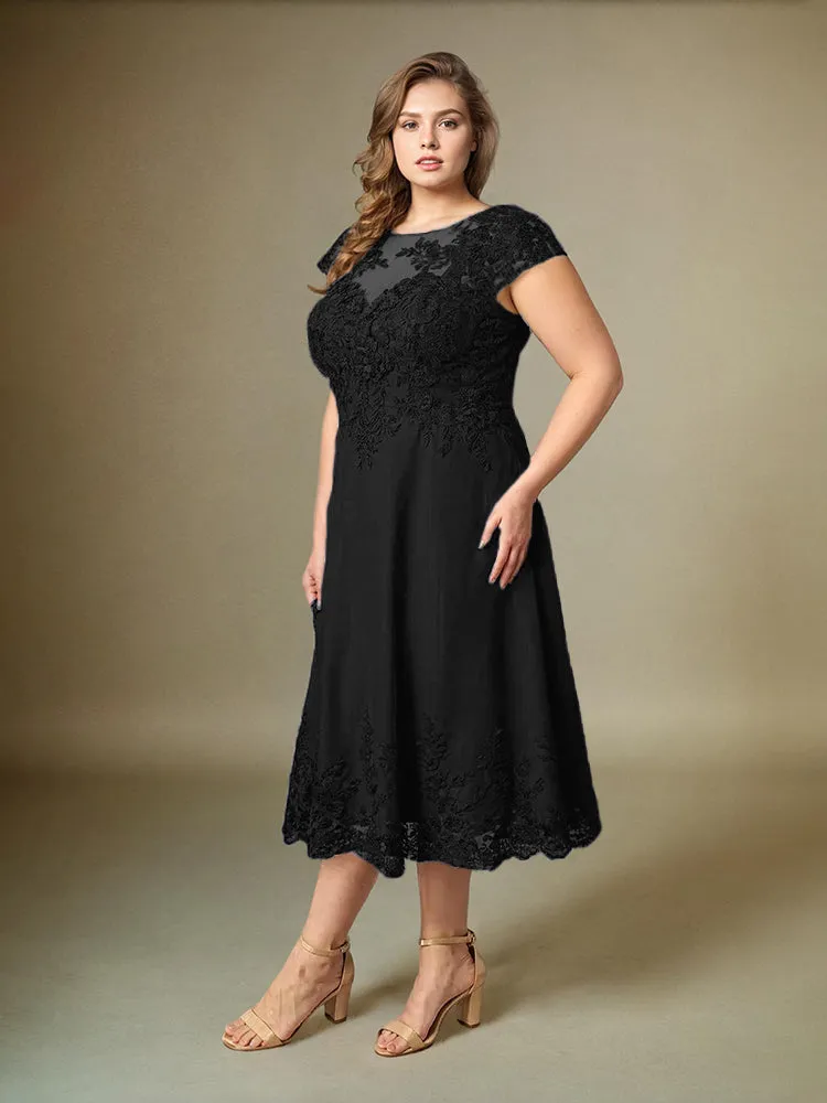 Plus Size Tea Length Lace Appliques Chiffon Mother Of The Bride Dress