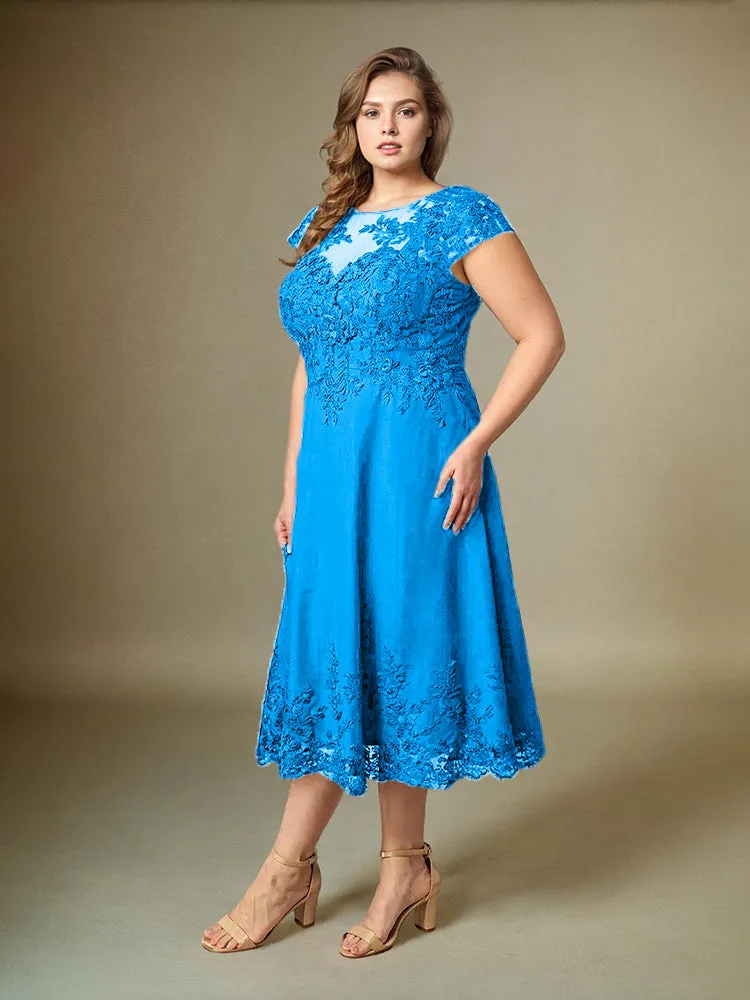 Plus Size Tea Length Lace Appliques Chiffon Mother Of The Bride Dress