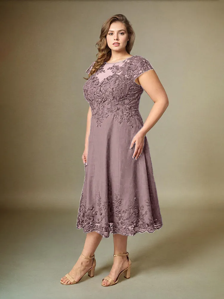 Plus Size Tea Length Lace Appliques Chiffon Mother Of The Bride Dress