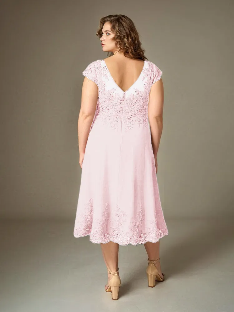 Plus Size Tea Length Lace Appliques Chiffon Mother Of The Bride Dress