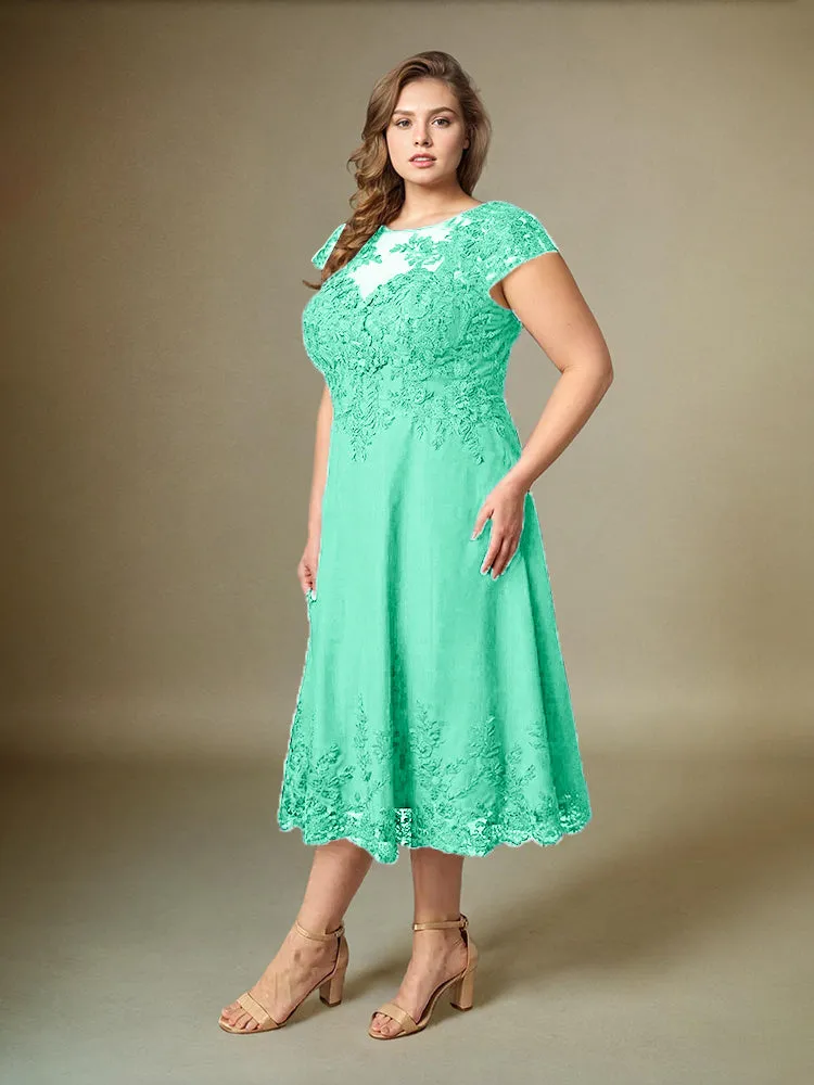 Plus Size Tea Length Lace Appliques Chiffon Mother Of The Bride Dress