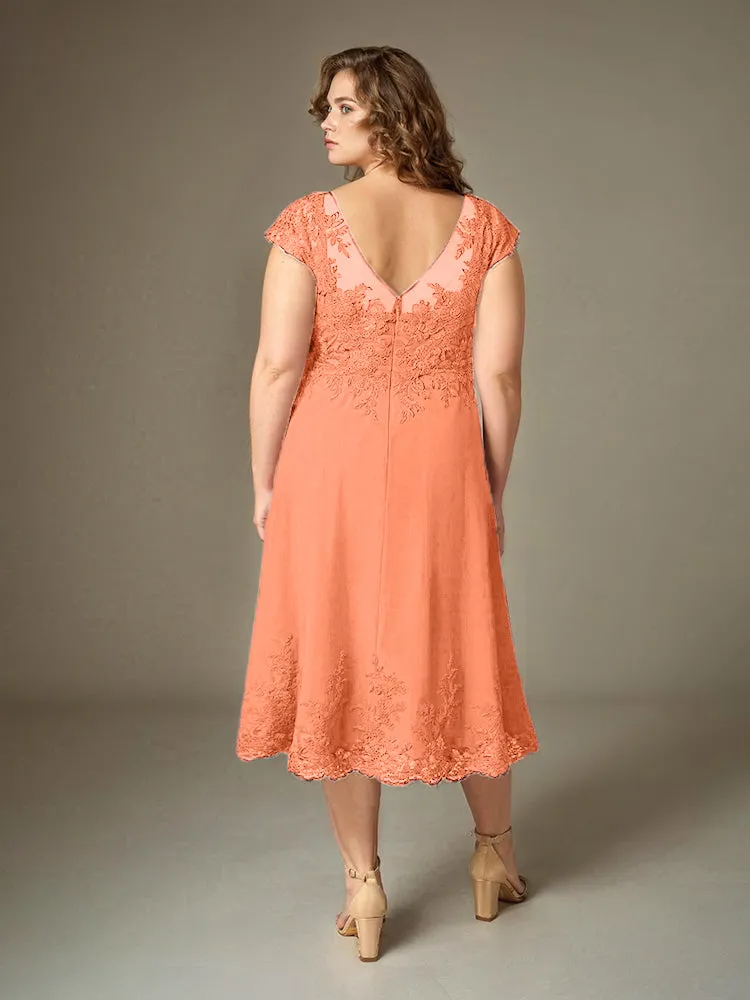 Plus Size Tea Length Lace Appliques Chiffon Mother Of The Bride Dress