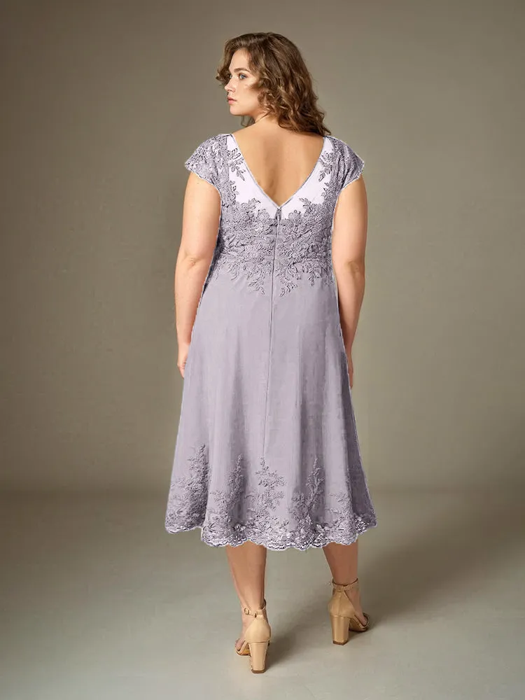 Plus Size Tea Length Lace Appliques Chiffon Mother Of The Bride Dress