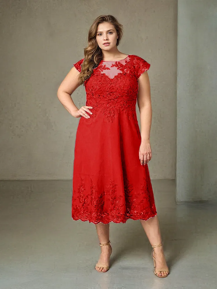 Plus Size Tea Length Lace Appliques Chiffon Mother Of The Bride Dress