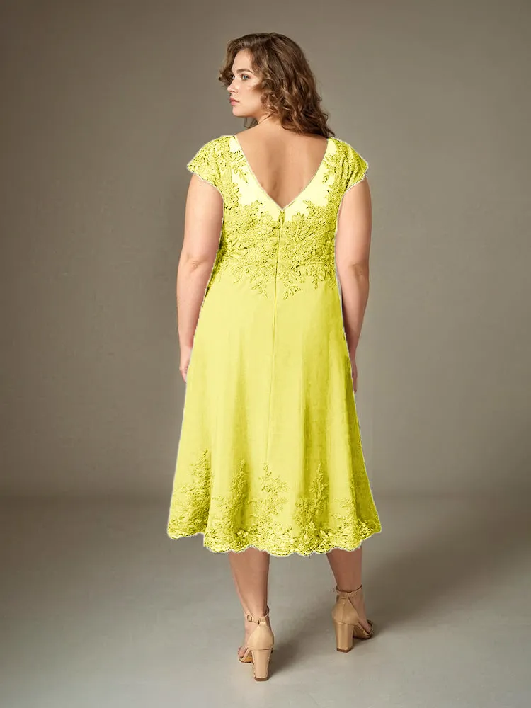 Plus Size Tea Length Lace Appliques Chiffon Mother Of The Bride Dress