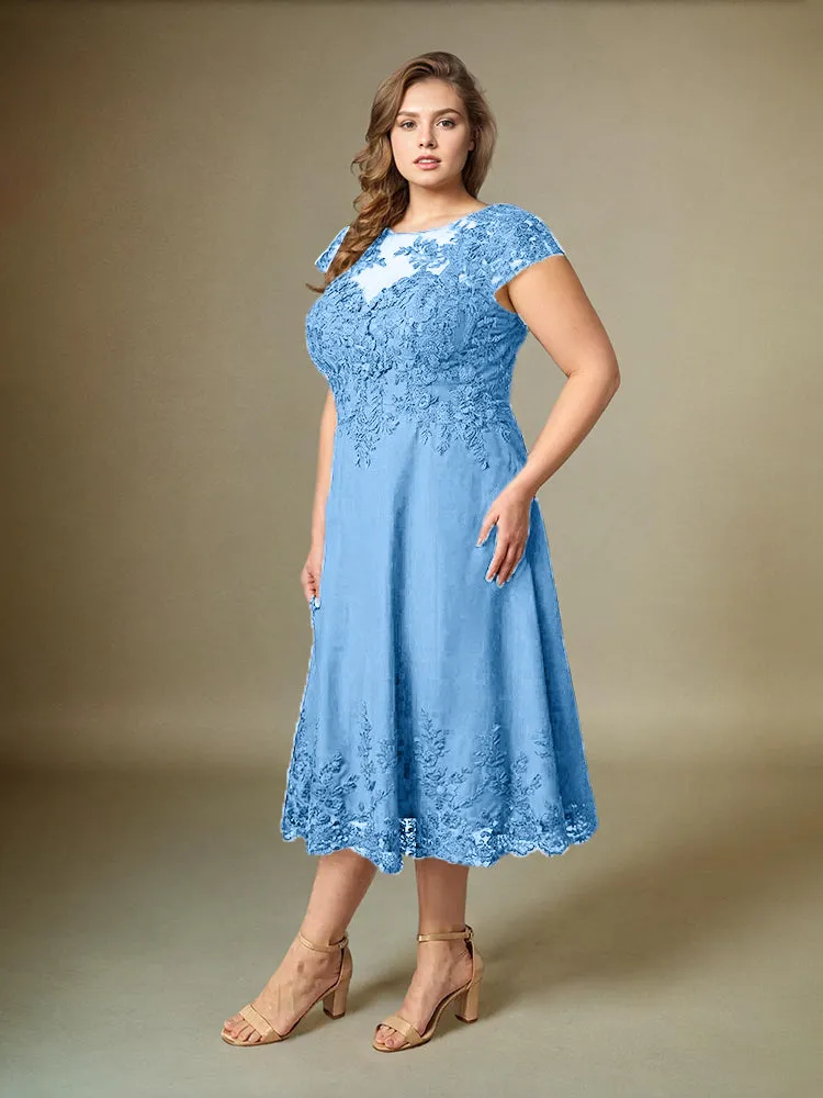 Plus Size Tea Length Lace Appliques Chiffon Mother Of The Bride Dress