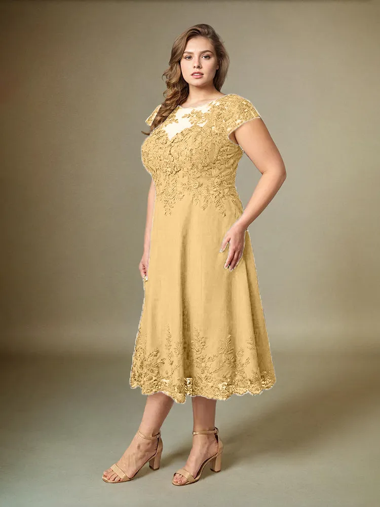 Plus Size Tea Length Lace Appliques Chiffon Mother Of The Bride Dress