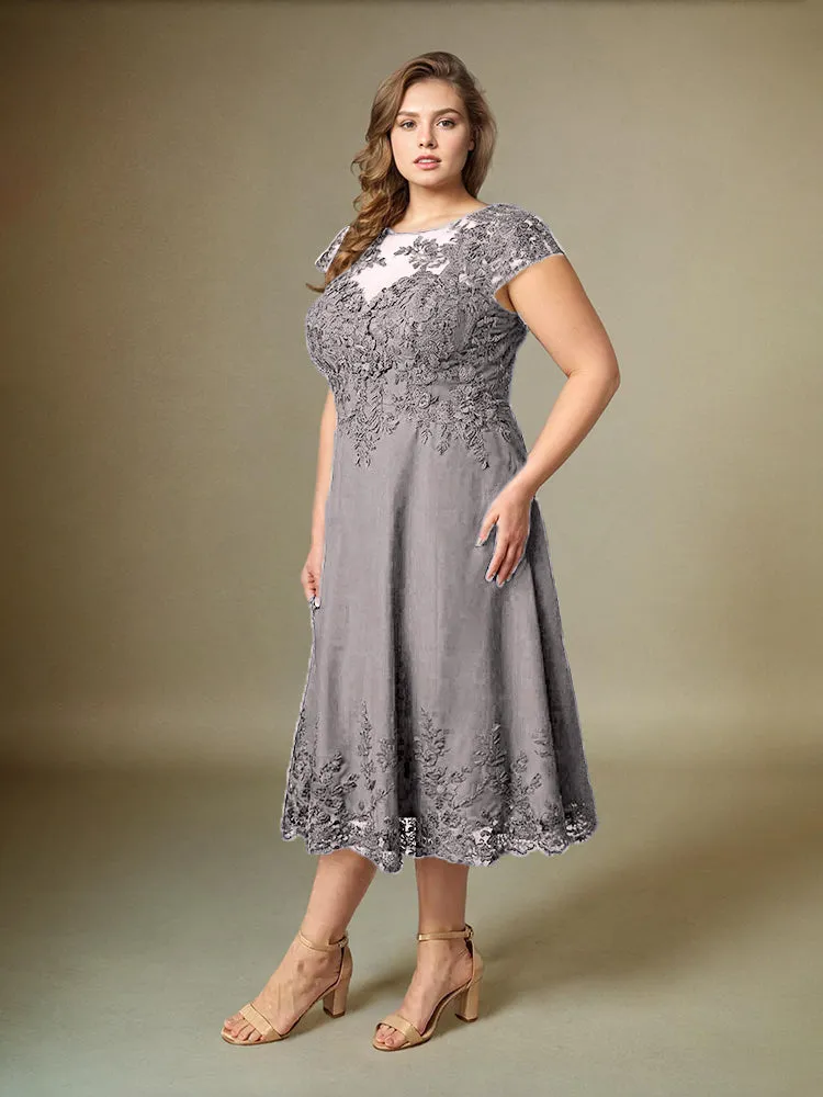 Plus Size Tea Length Lace Appliques Chiffon Mother Of The Bride Dress