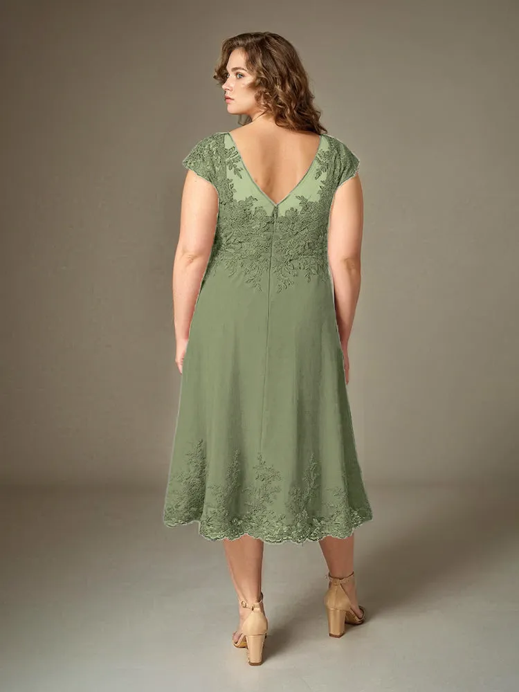 Plus Size Tea Length Lace Appliques Chiffon Mother Of The Bride Dress