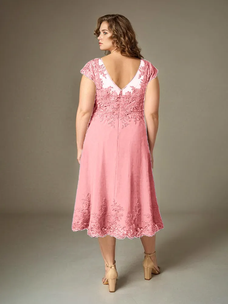 Plus Size Tea Length Lace Appliques Chiffon Mother Of The Bride Dress