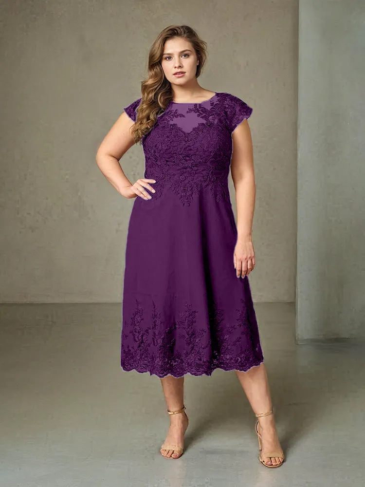 Plus Size Tea Length Lace Appliques Chiffon Mother Of The Bride Dress