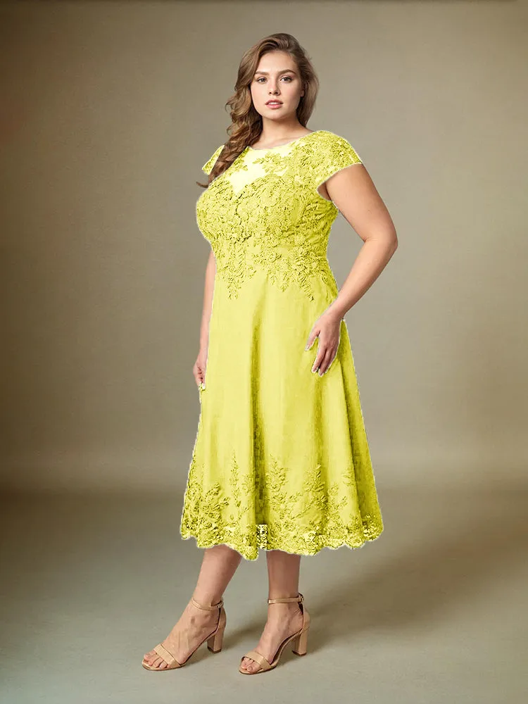 Plus Size Tea Length Lace Appliques Chiffon Mother Of The Bride Dress