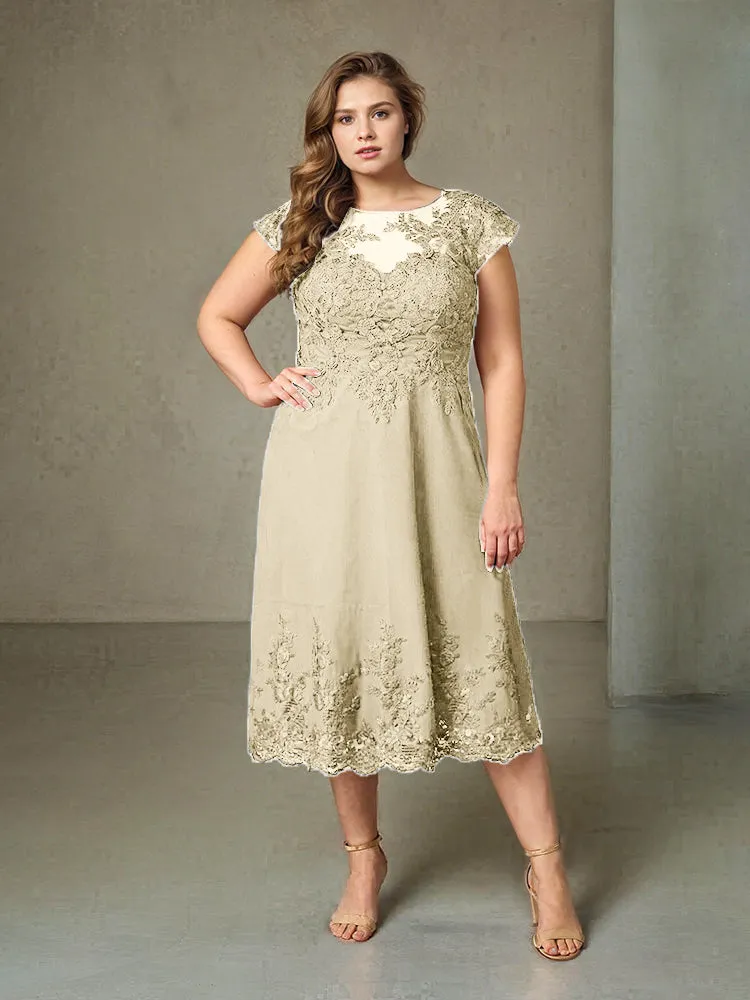 Plus Size Tea Length Lace Appliques Chiffon Mother Of The Bride Dress