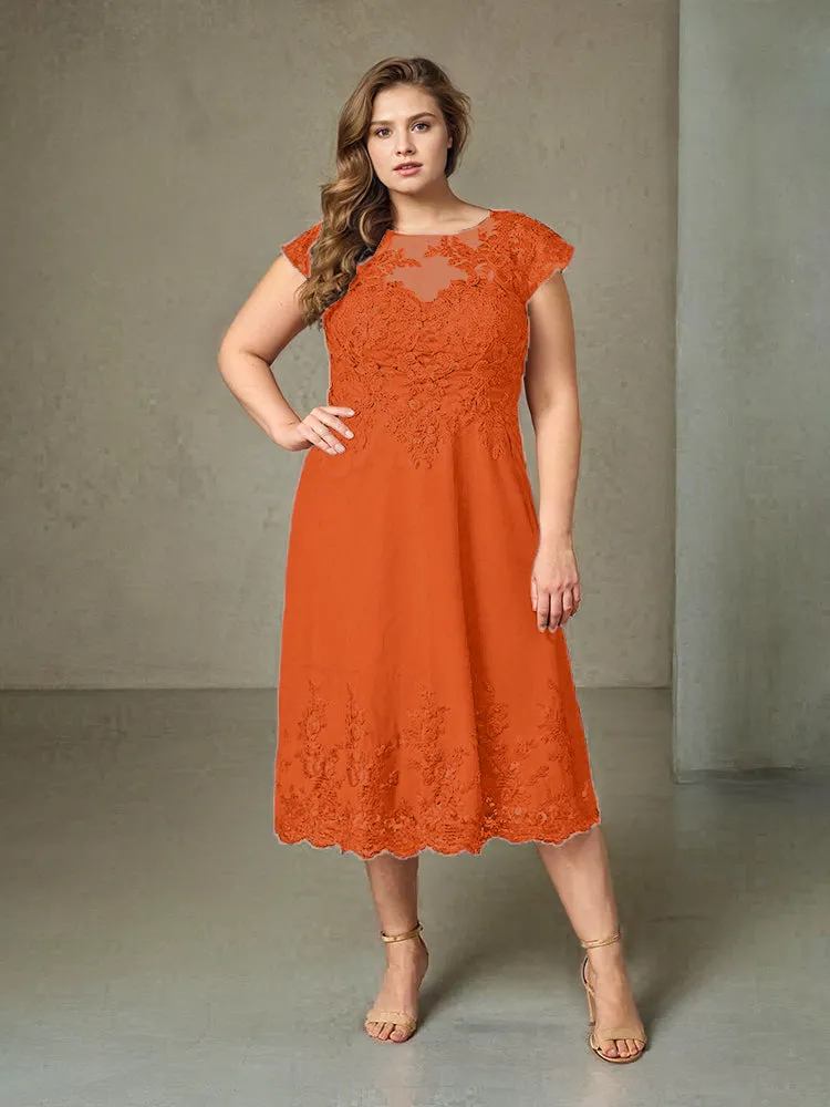 Plus Size Tea Length Lace Appliques Chiffon Mother Of The Bride Dress