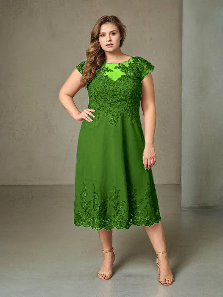 Plus Size Tea Length Lace Appliques Chiffon Mother Of The Bride Dress