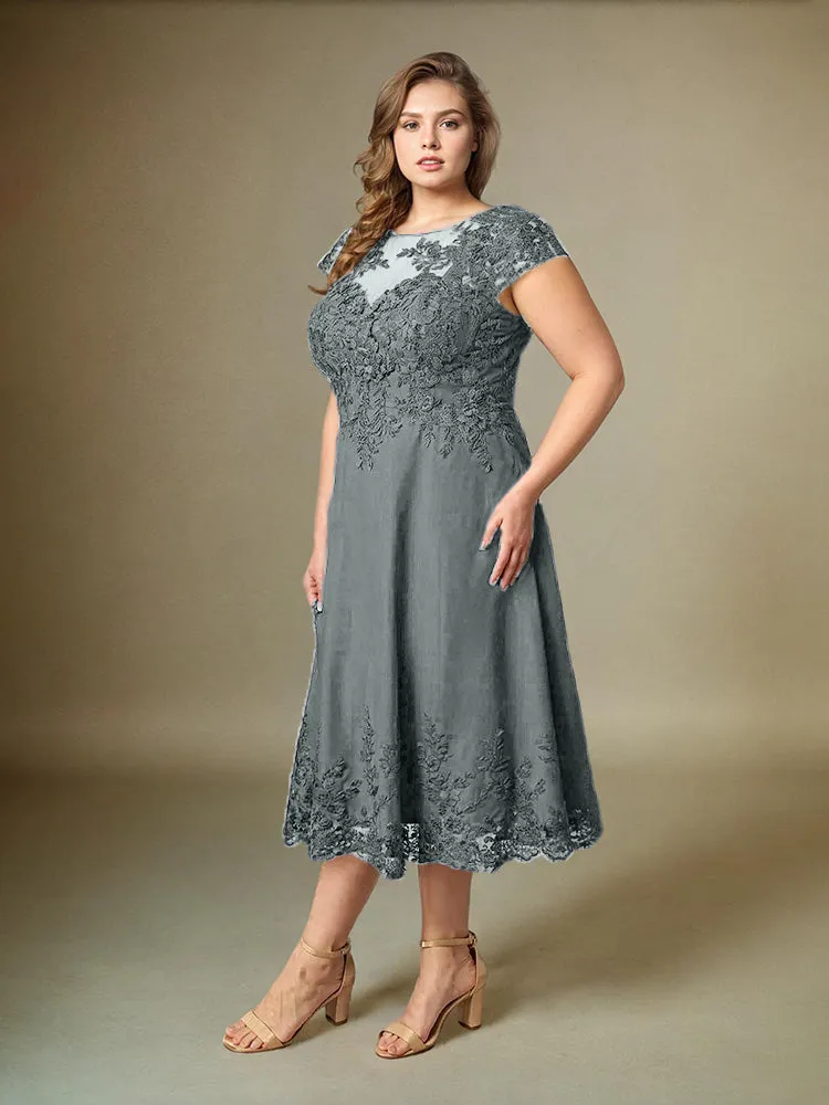 Plus Size Tea Length Lace Appliques Chiffon Mother Of The Bride Dress