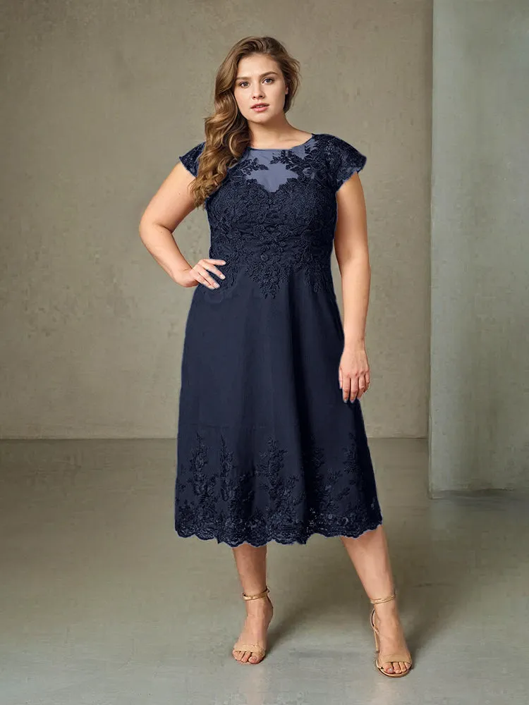 Plus Size Tea Length Lace Appliques Chiffon Mother Of The Bride Dress