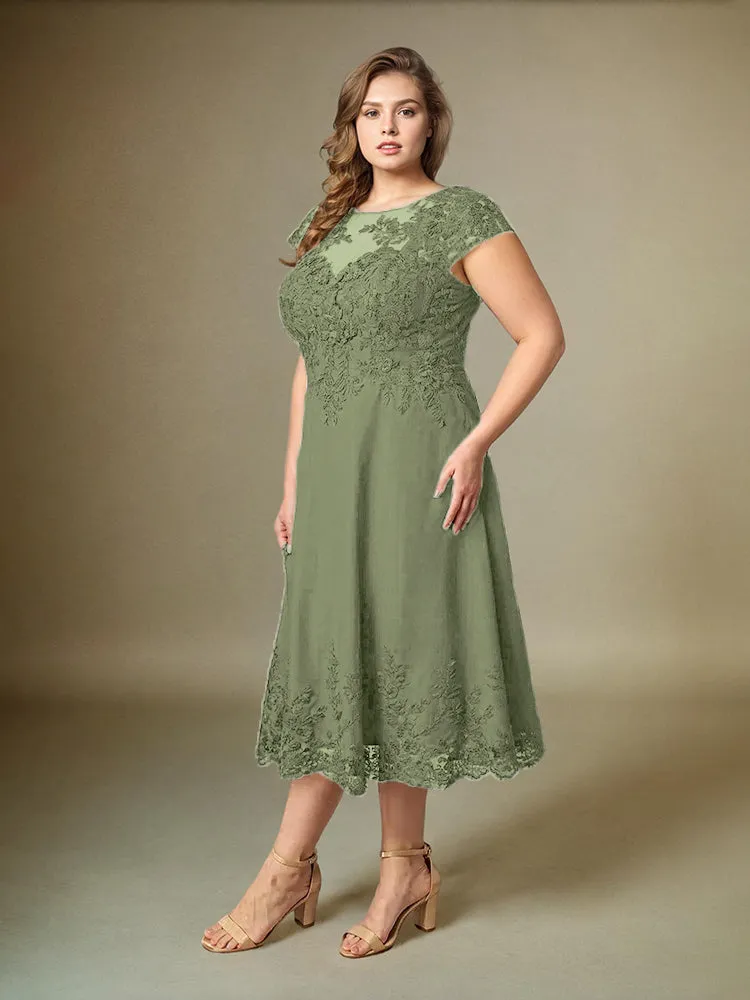 Plus Size Tea Length Lace Appliques Chiffon Mother Of The Bride Dress