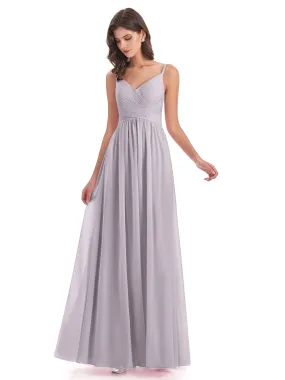 Poppy Simple Spaghetti Straps Pleating Long Bridesmaid Dresses