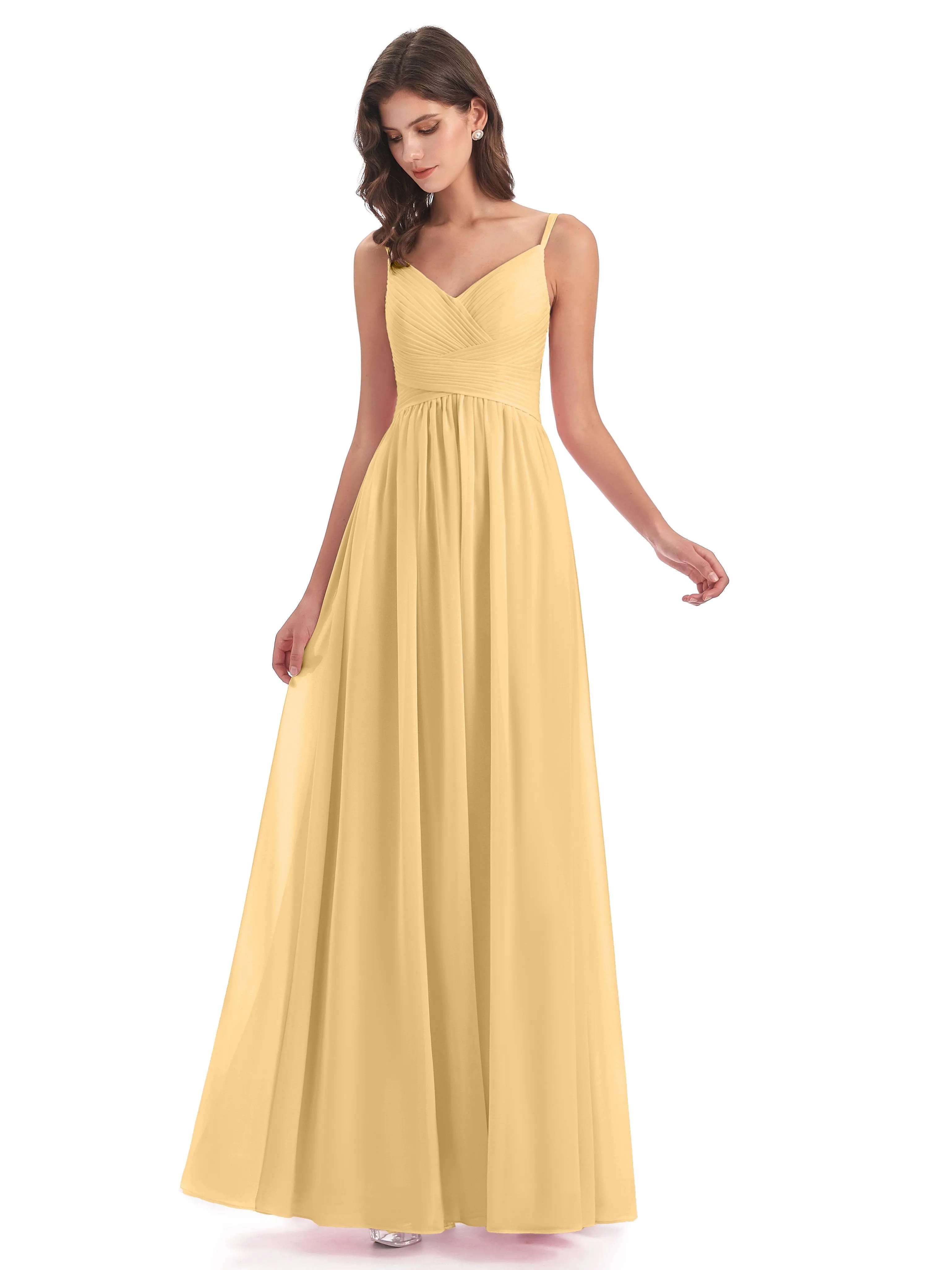 Poppy Simple Spaghetti Straps Pleating Long Bridesmaid Dresses