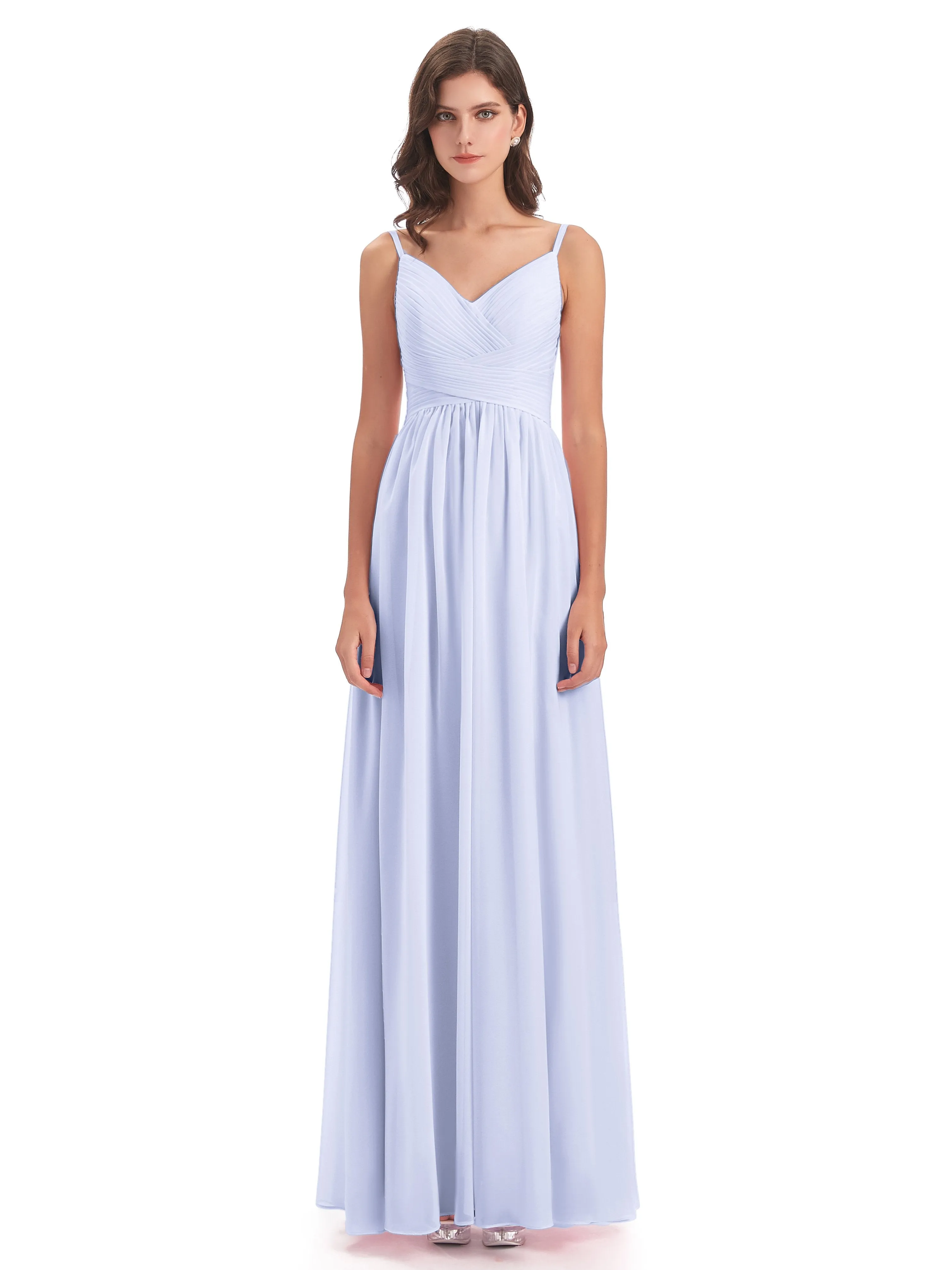 Poppy Simple Spaghetti Straps Pleating Long Bridesmaid Dresses