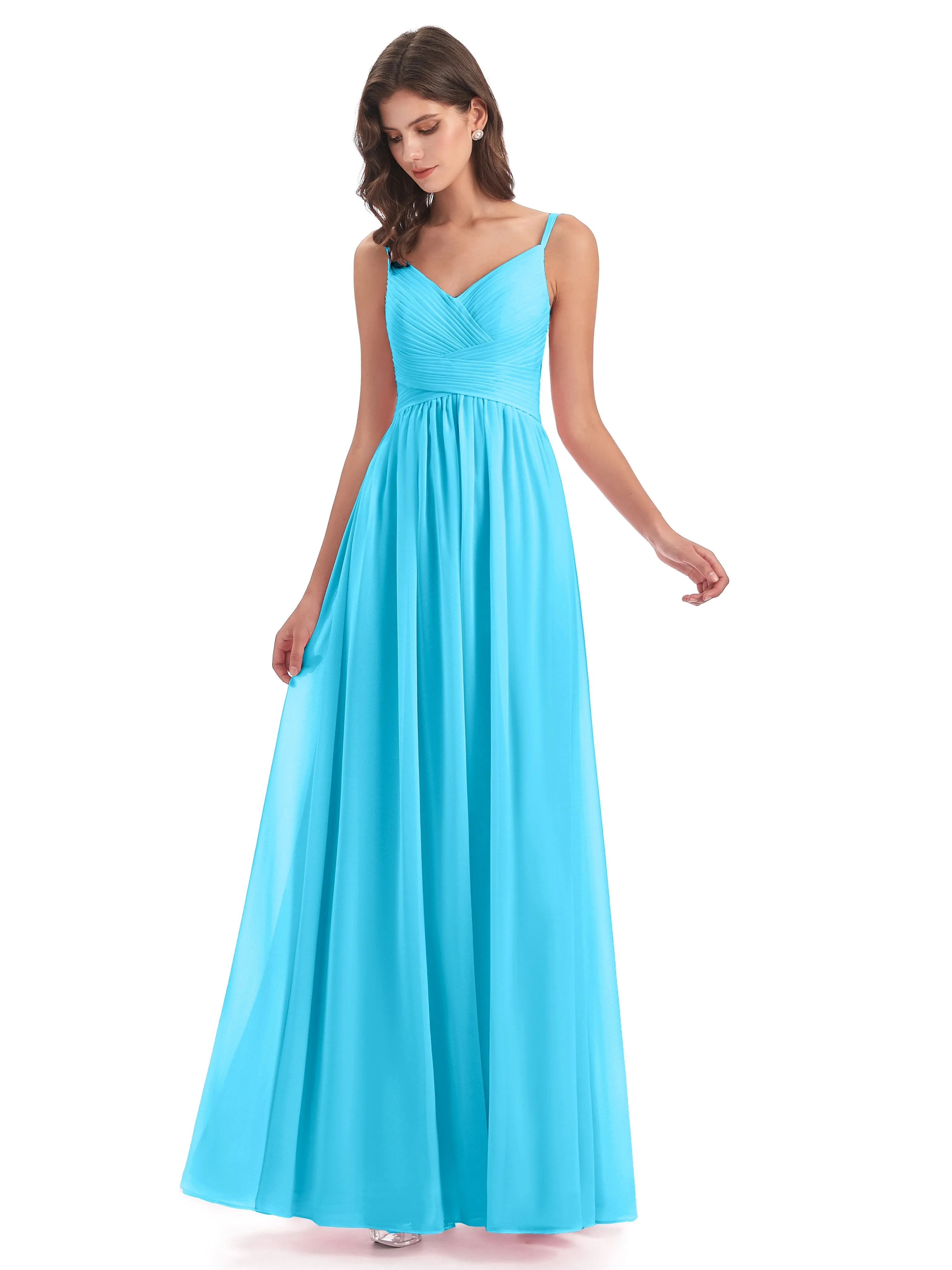 Poppy Simple Spaghetti Straps Pleating Long Bridesmaid Dresses