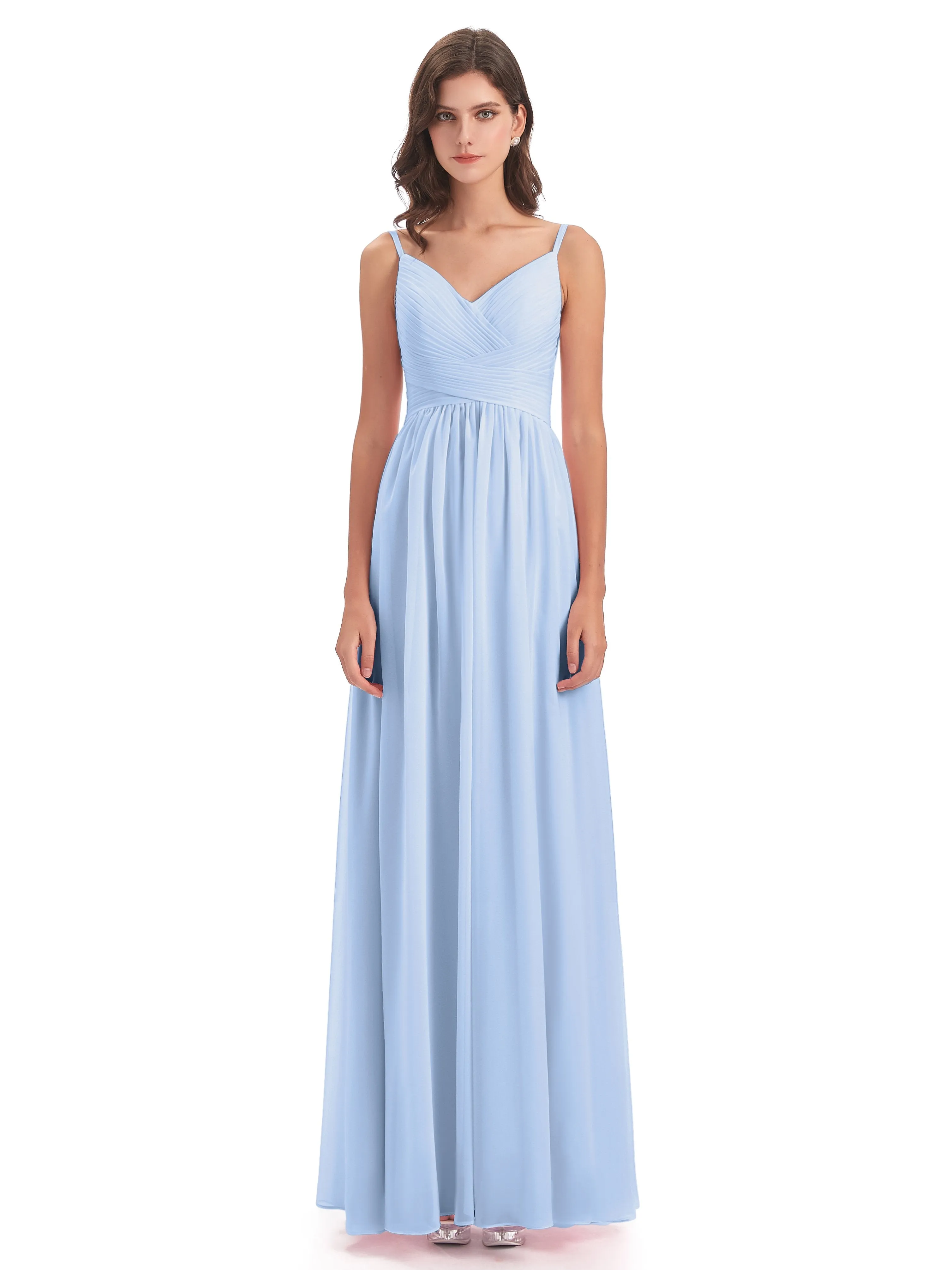 Poppy Simple Spaghetti Straps Pleating Long Bridesmaid Dresses