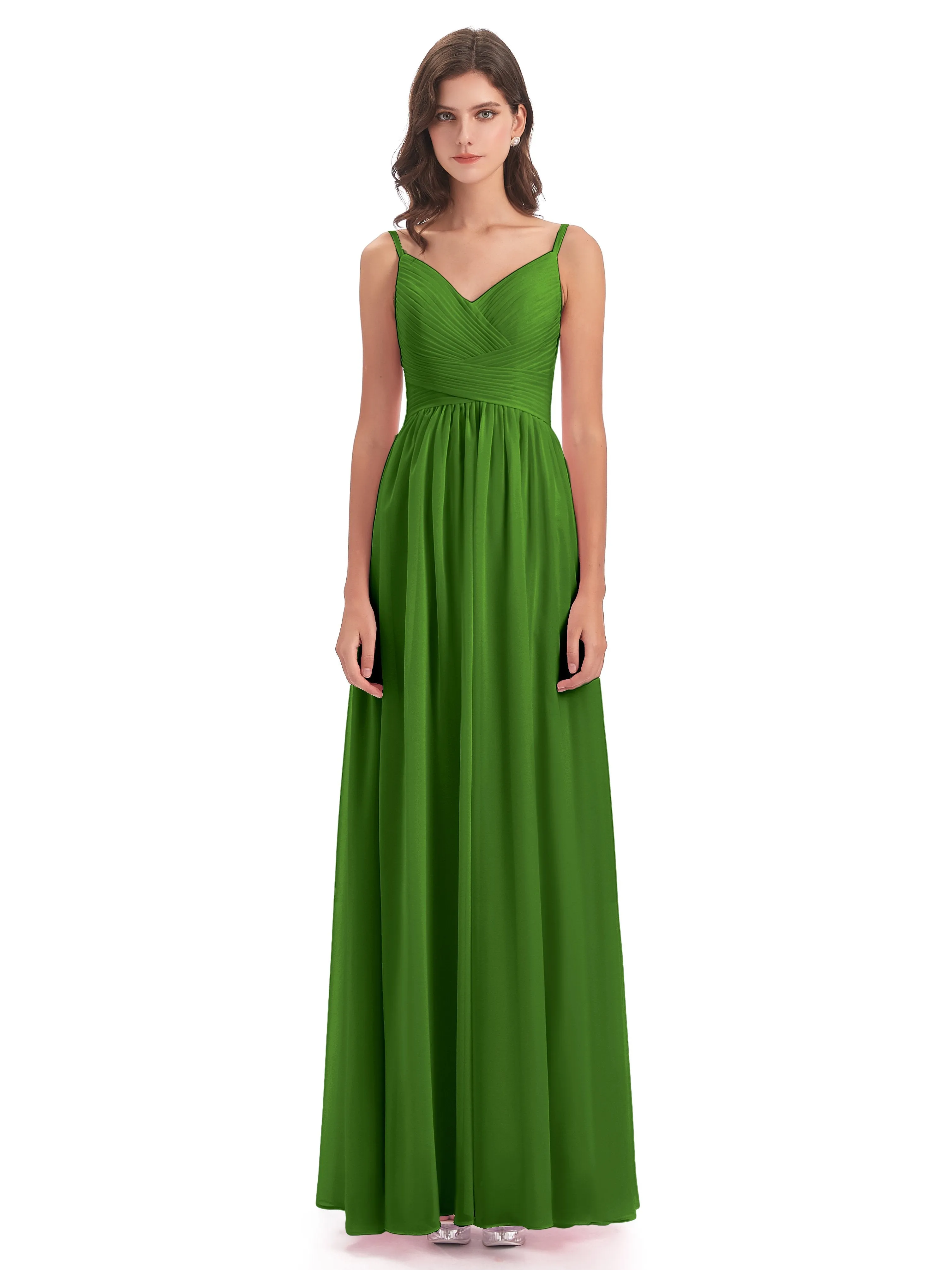 Poppy Simple Spaghetti Straps Pleating Long Bridesmaid Dresses