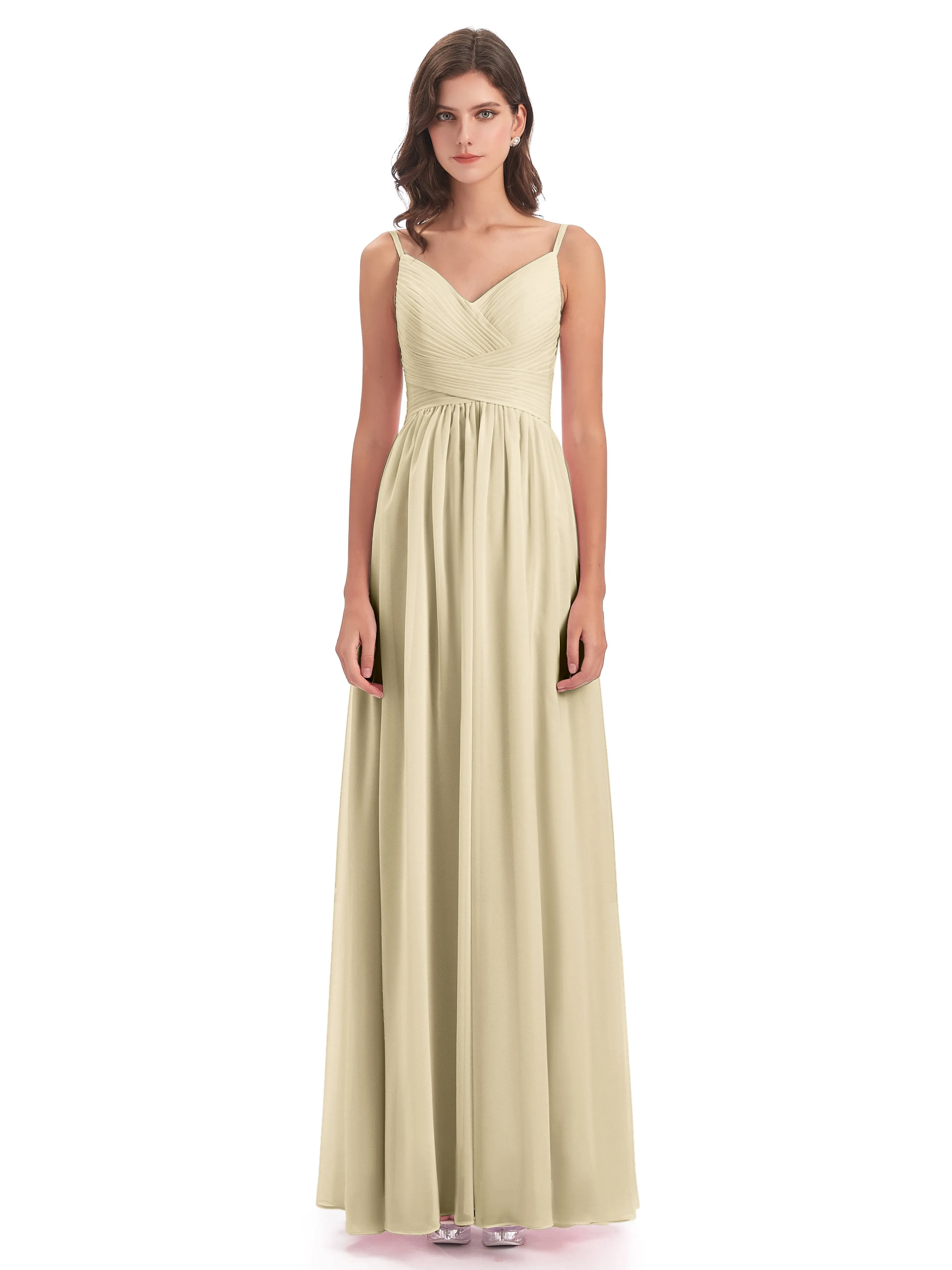 Poppy Simple Spaghetti Straps Pleating Long Bridesmaid Dresses