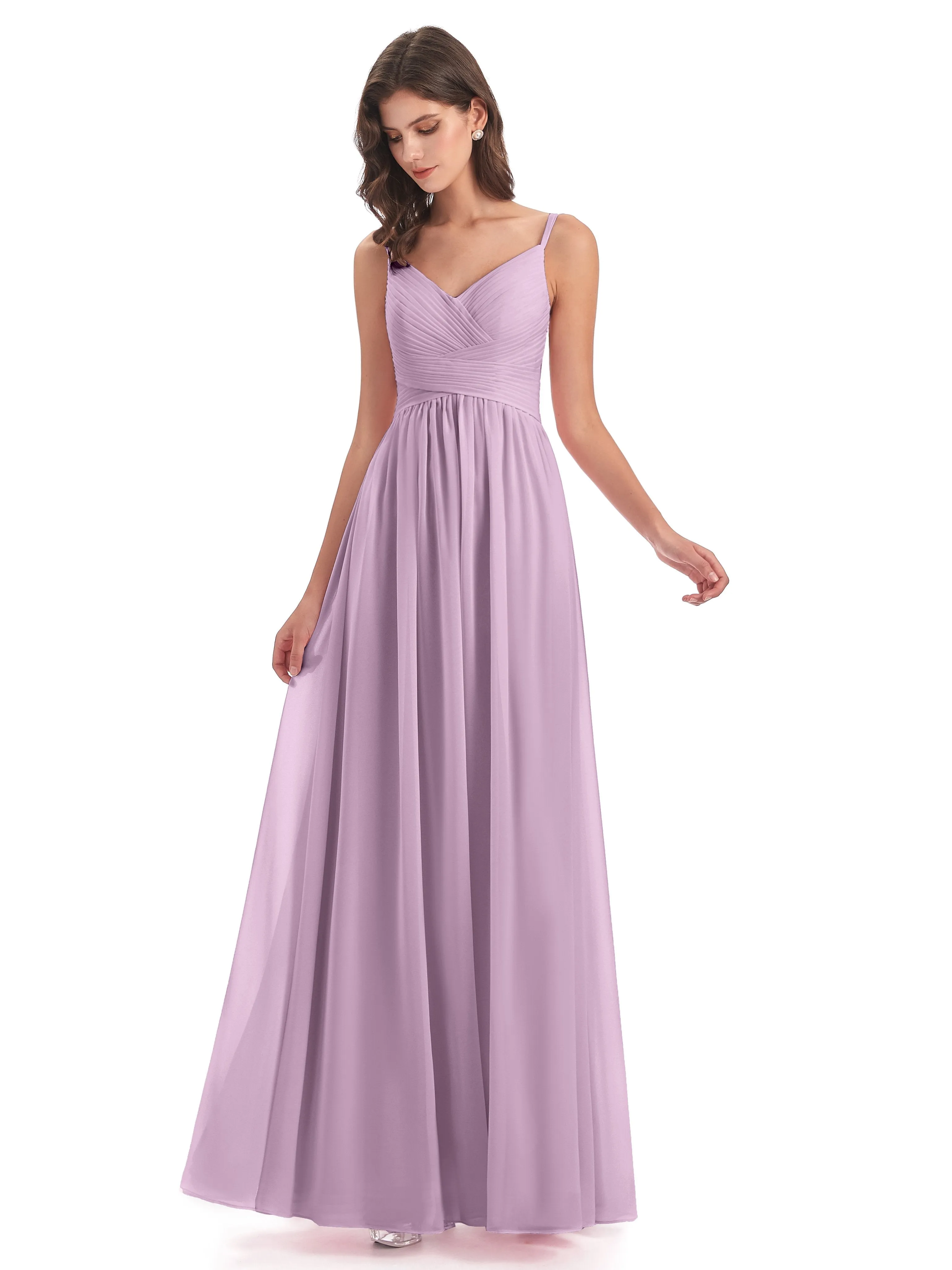 Poppy Simple Spaghetti Straps Pleating Long Bridesmaid Dresses