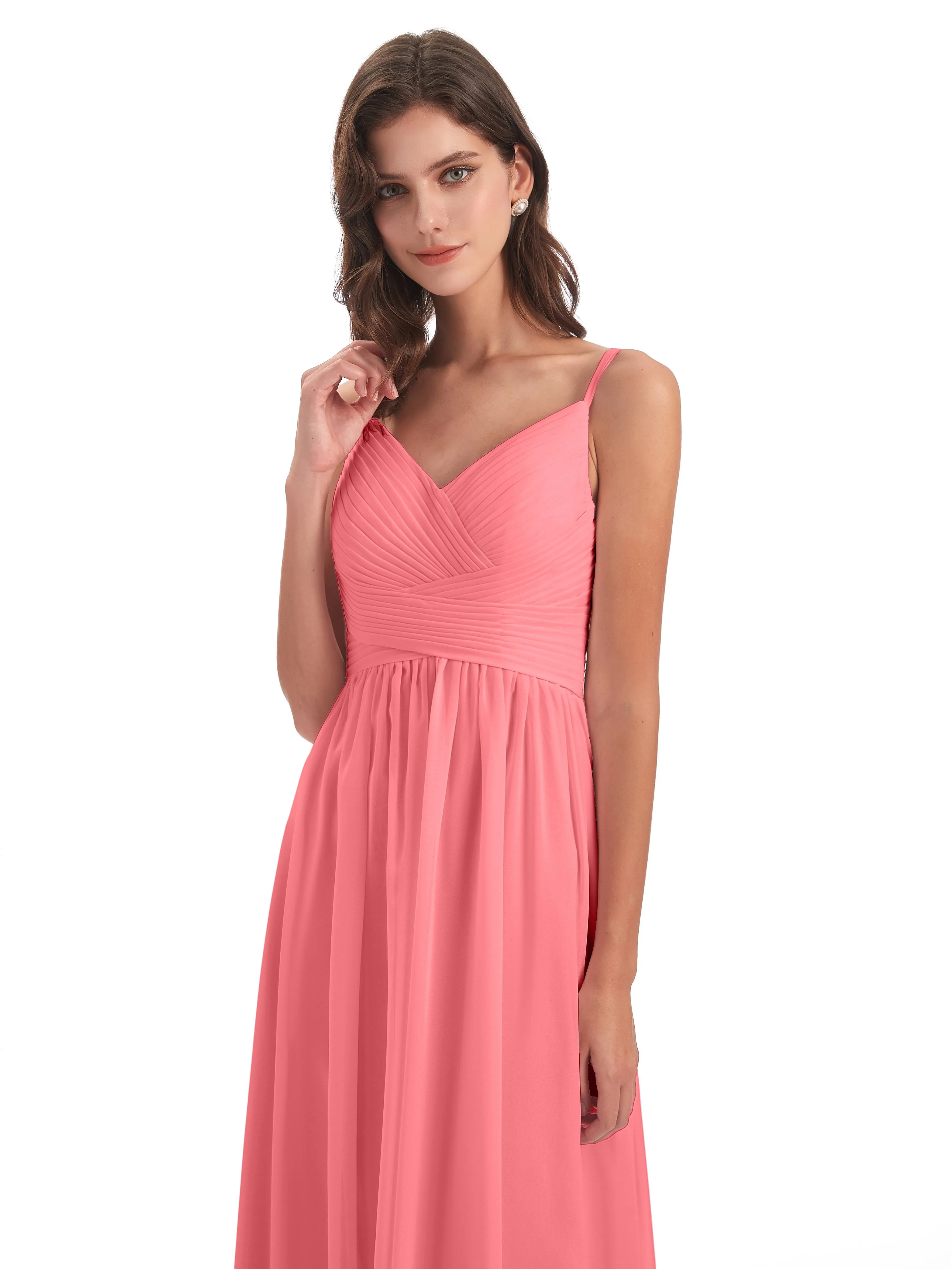 Poppy Simple Spaghetti Straps Pleating Long Bridesmaid Dresses