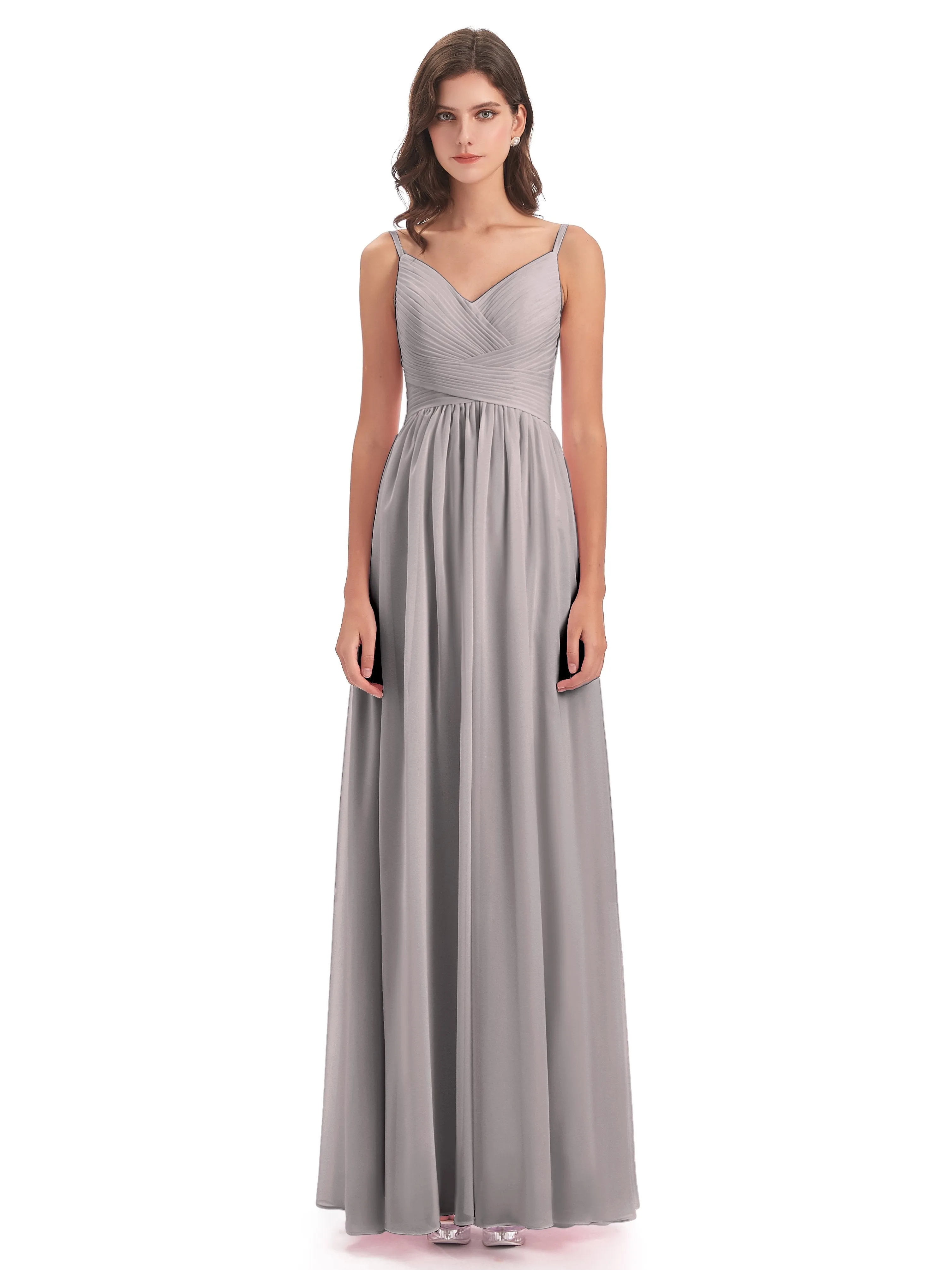 Poppy Simple Spaghetti Straps Pleating Long Bridesmaid Dresses