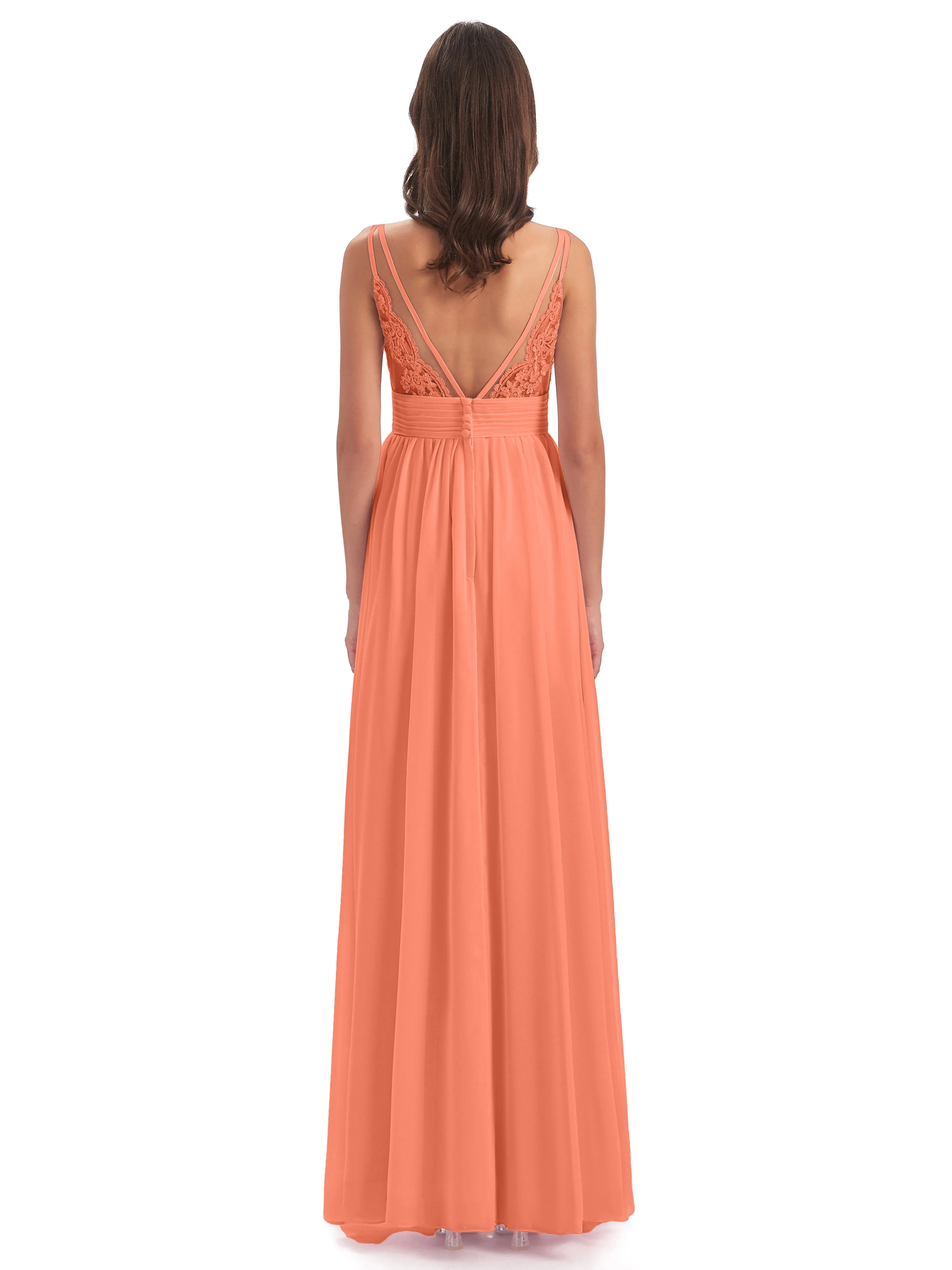 Poppy Simple Spaghetti Straps Pleating Long Bridesmaid Dresses