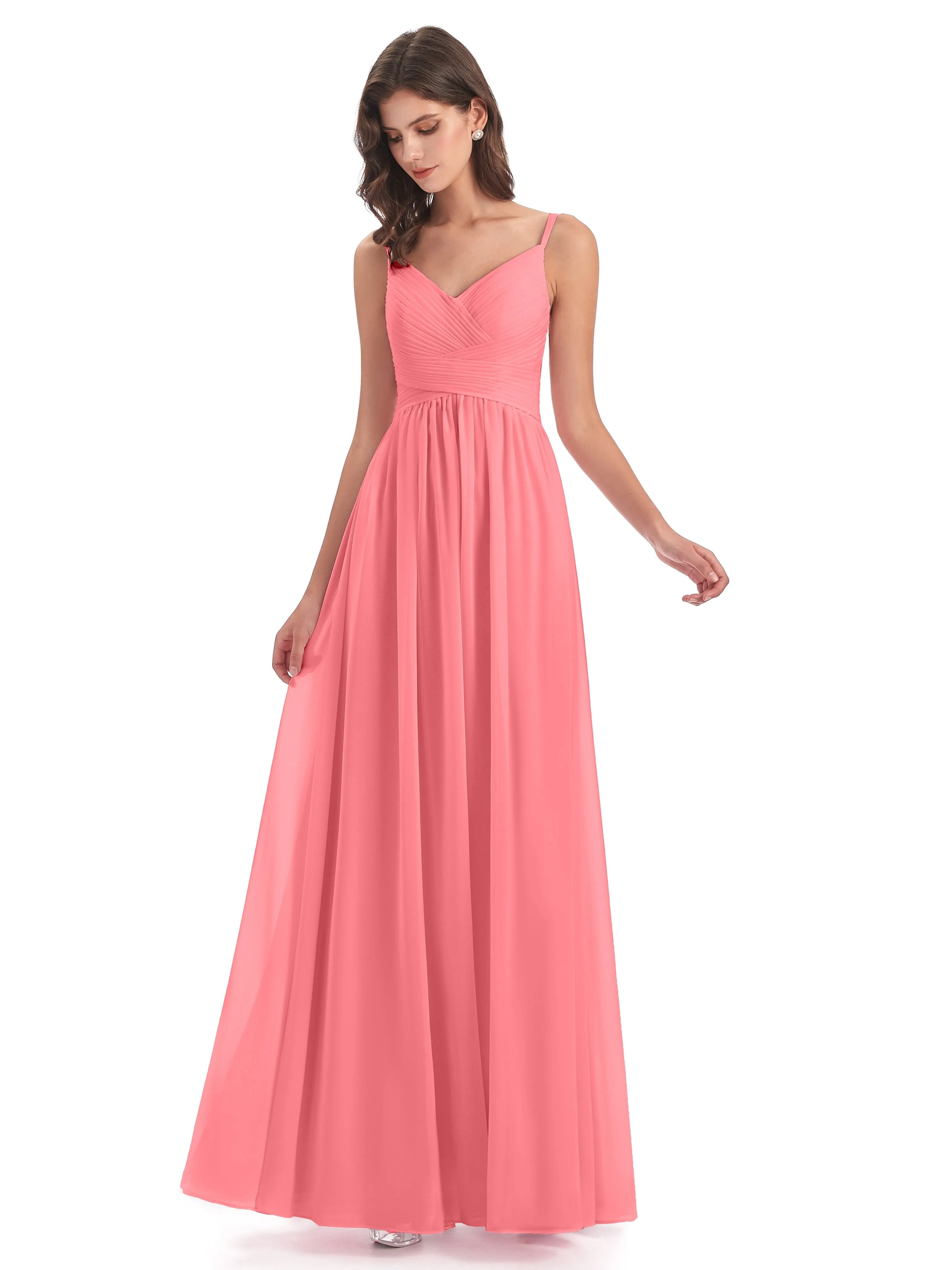 Poppy Simple Spaghetti Straps Pleating Long Bridesmaid Dresses