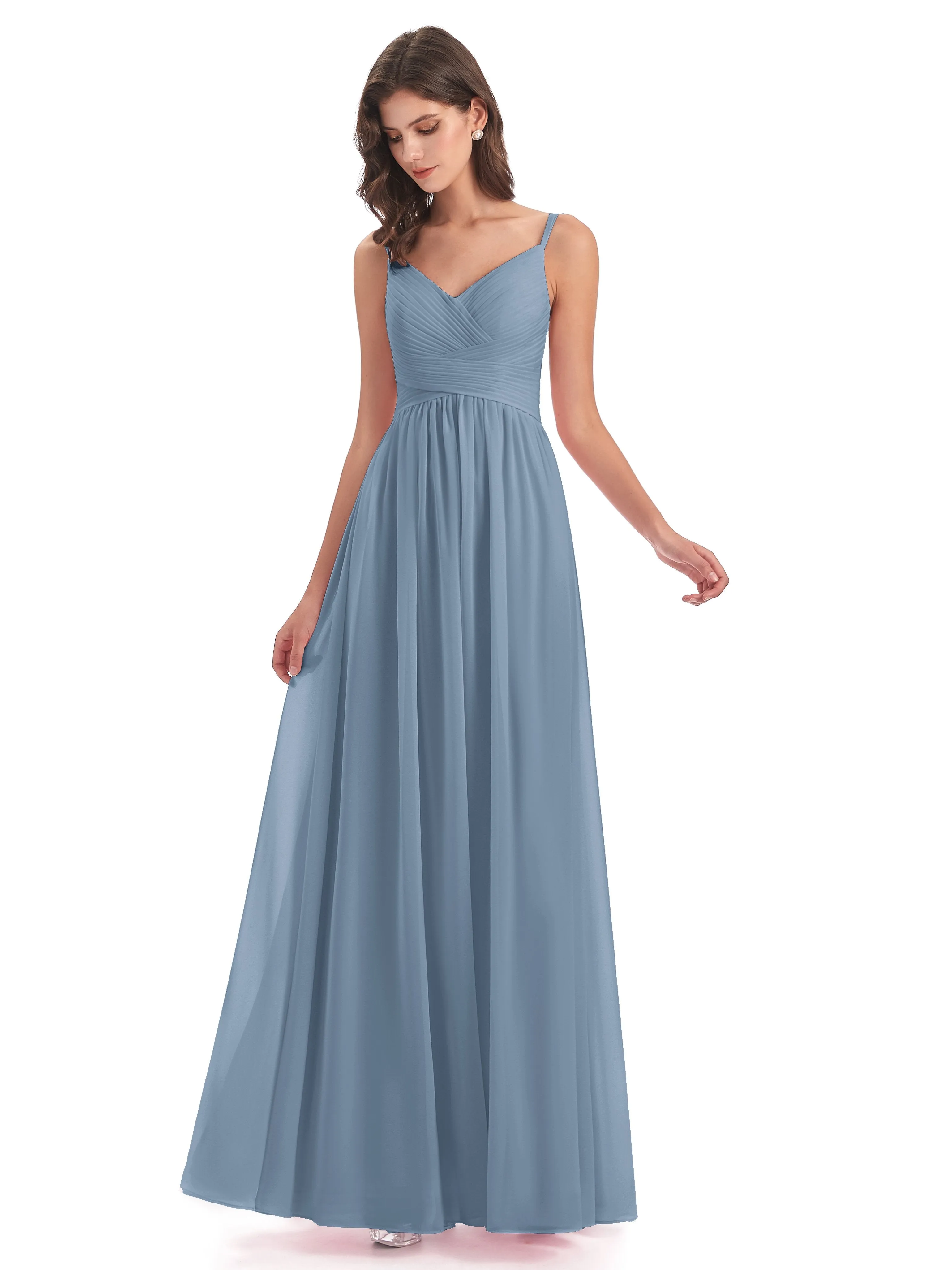 Poppy Simple Spaghetti Straps Pleating Long Bridesmaid Dresses