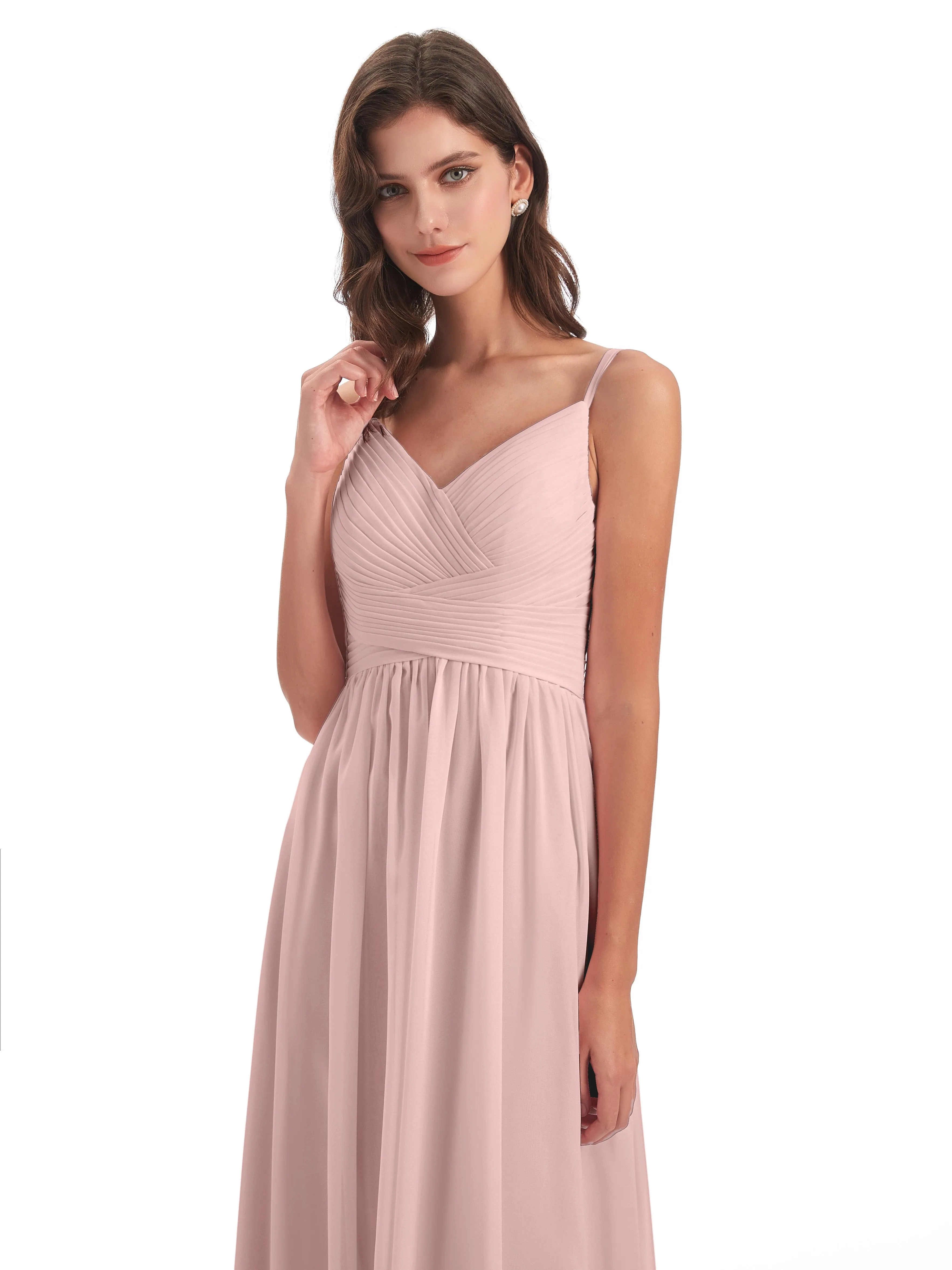 Poppy Simple Spaghetti Straps Pleating Long Bridesmaid Dresses