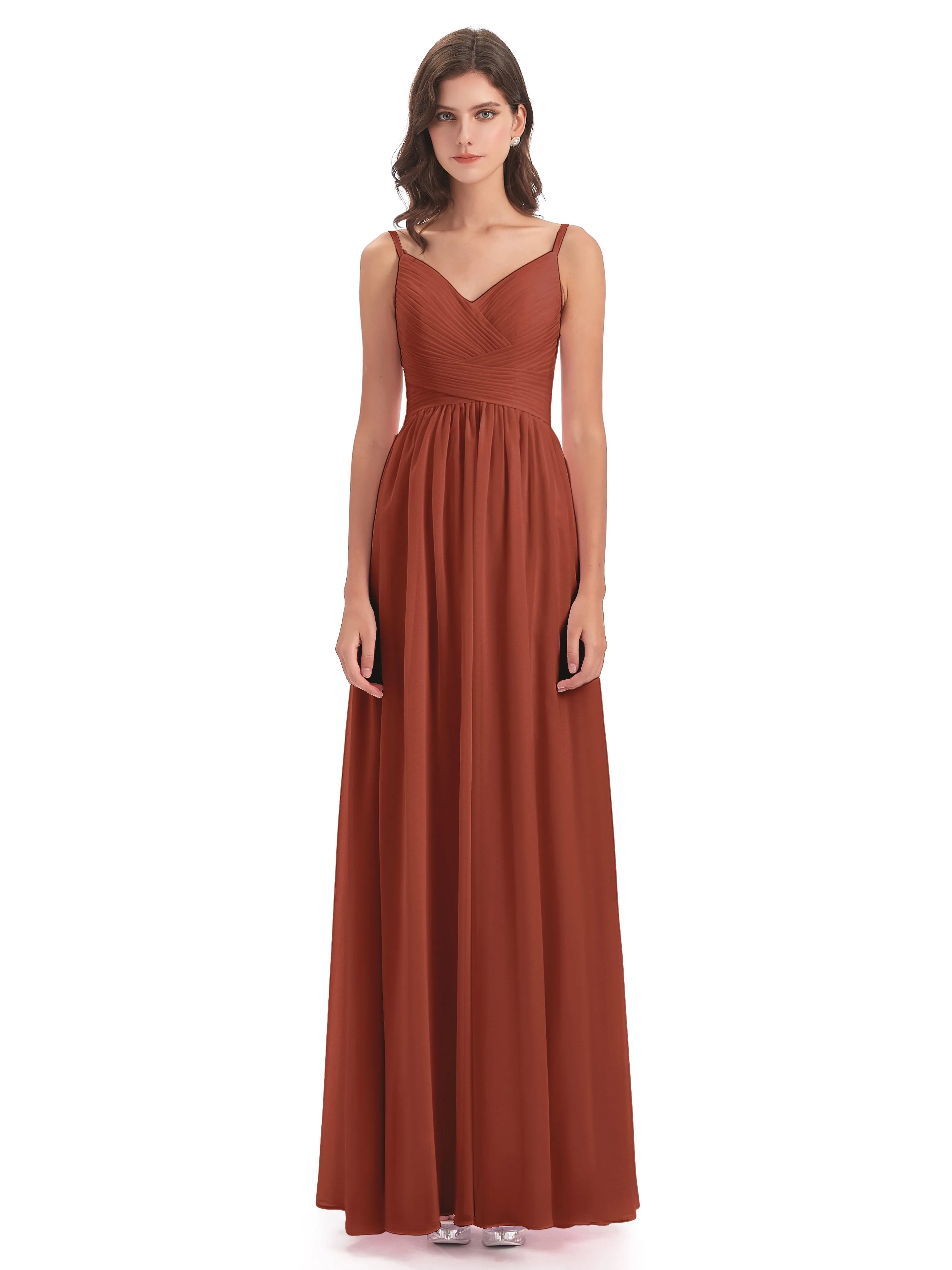 Poppy Simple Spaghetti Straps Pleating Long Bridesmaid Dresses