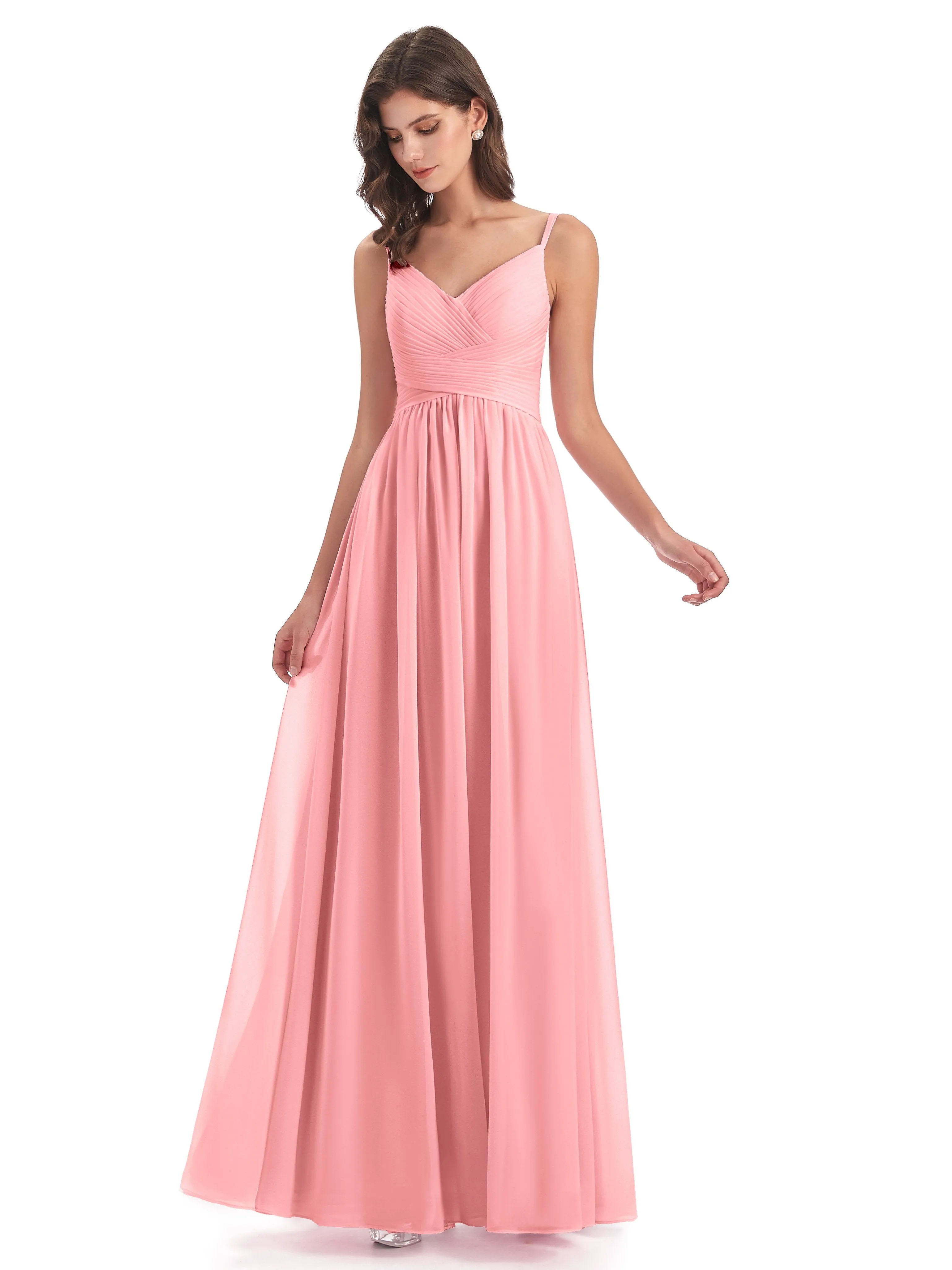 Poppy Simple Spaghetti Straps Pleating Long Bridesmaid Dresses