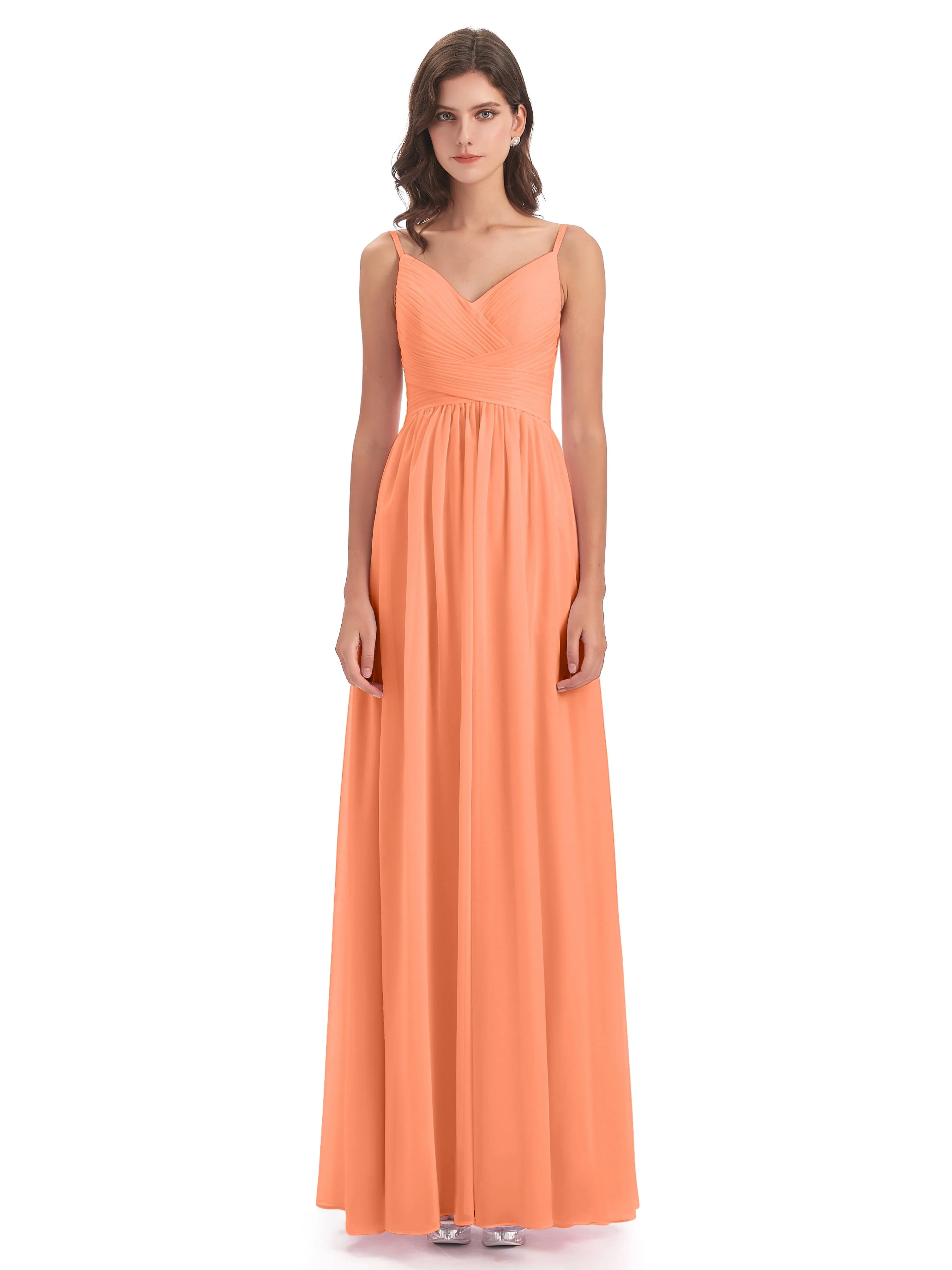 Poppy Simple Spaghetti Straps Pleating Long Bridesmaid Dresses