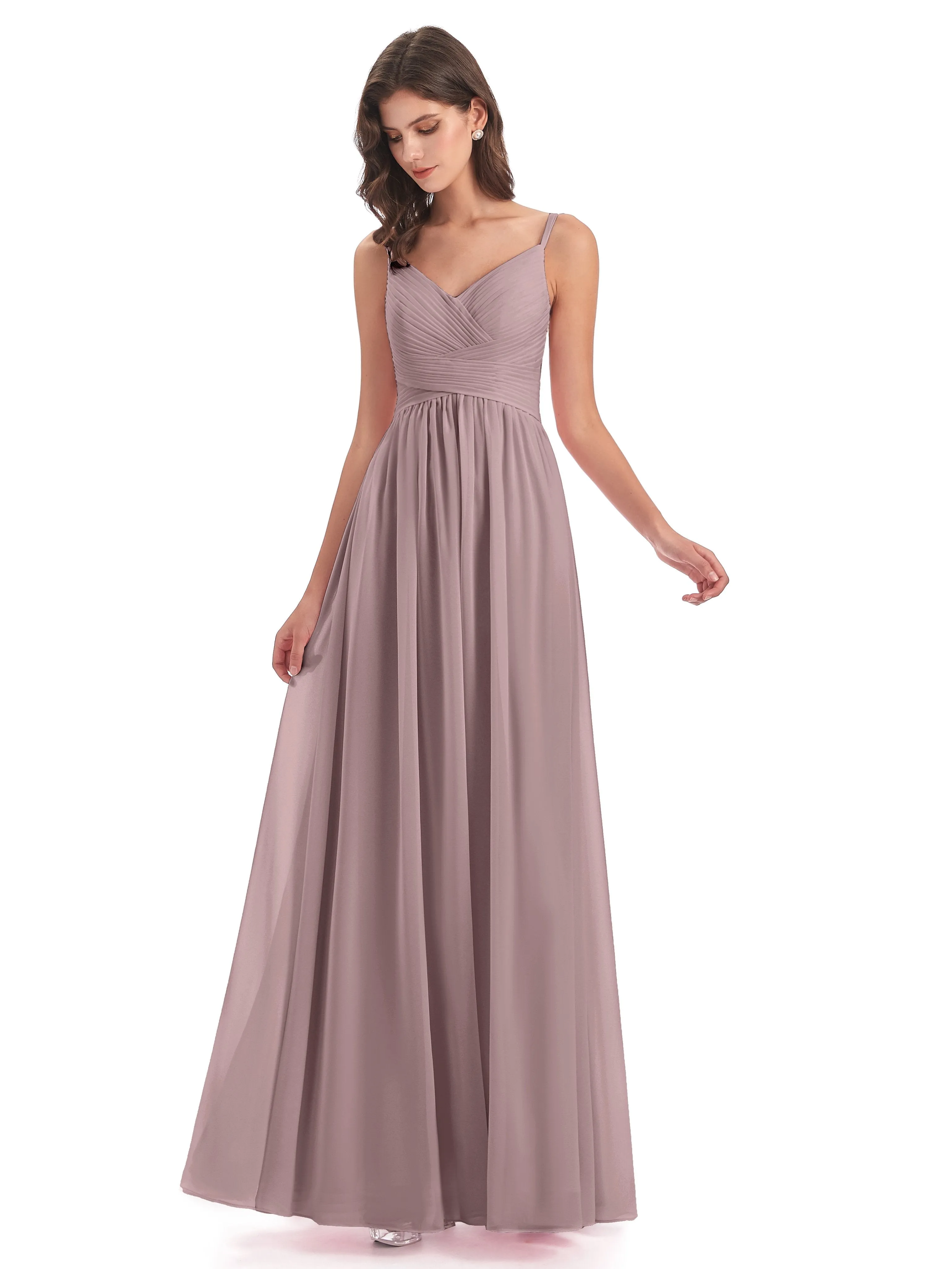 Poppy Simple Spaghetti Straps Pleating Long Bridesmaid Dresses