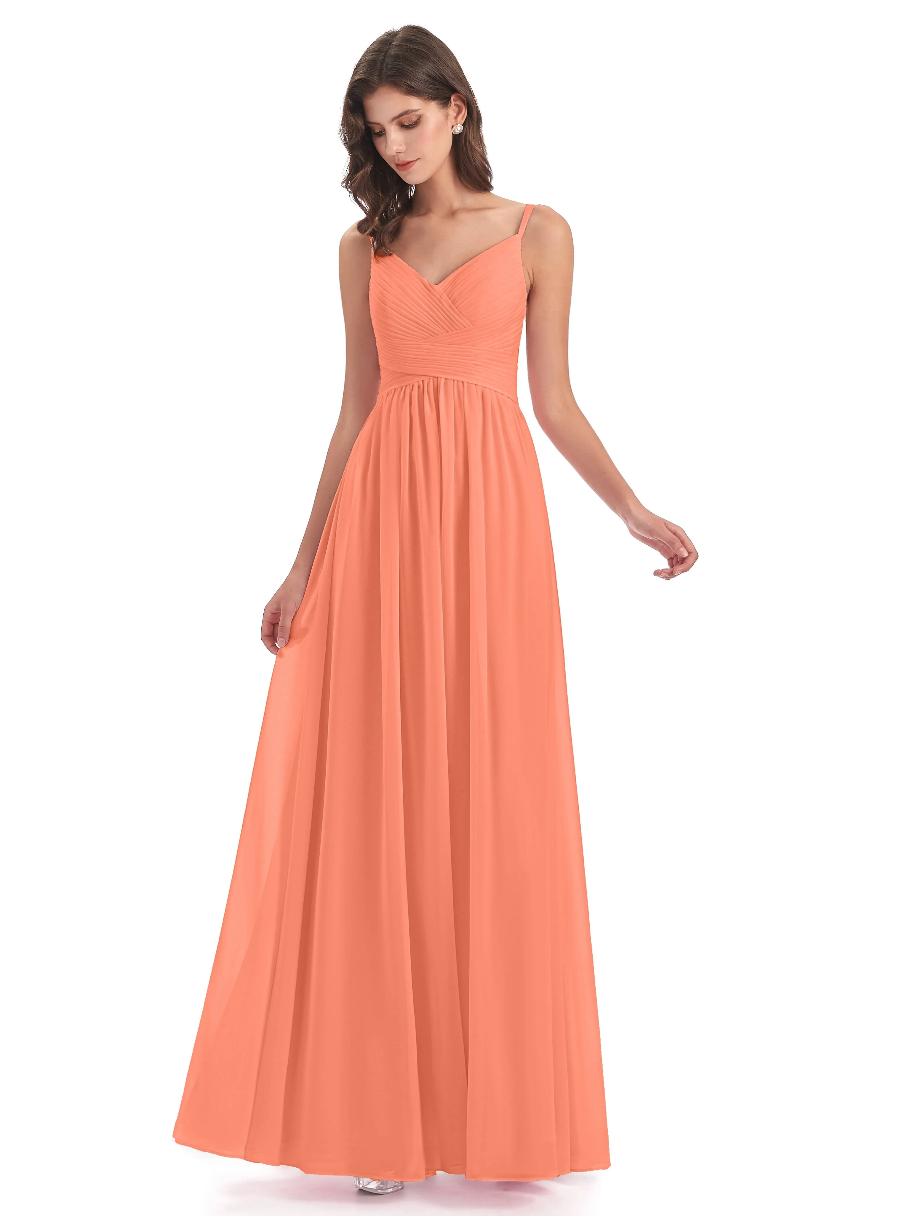 Poppy Simple Spaghetti Straps Pleating Long Bridesmaid Dresses