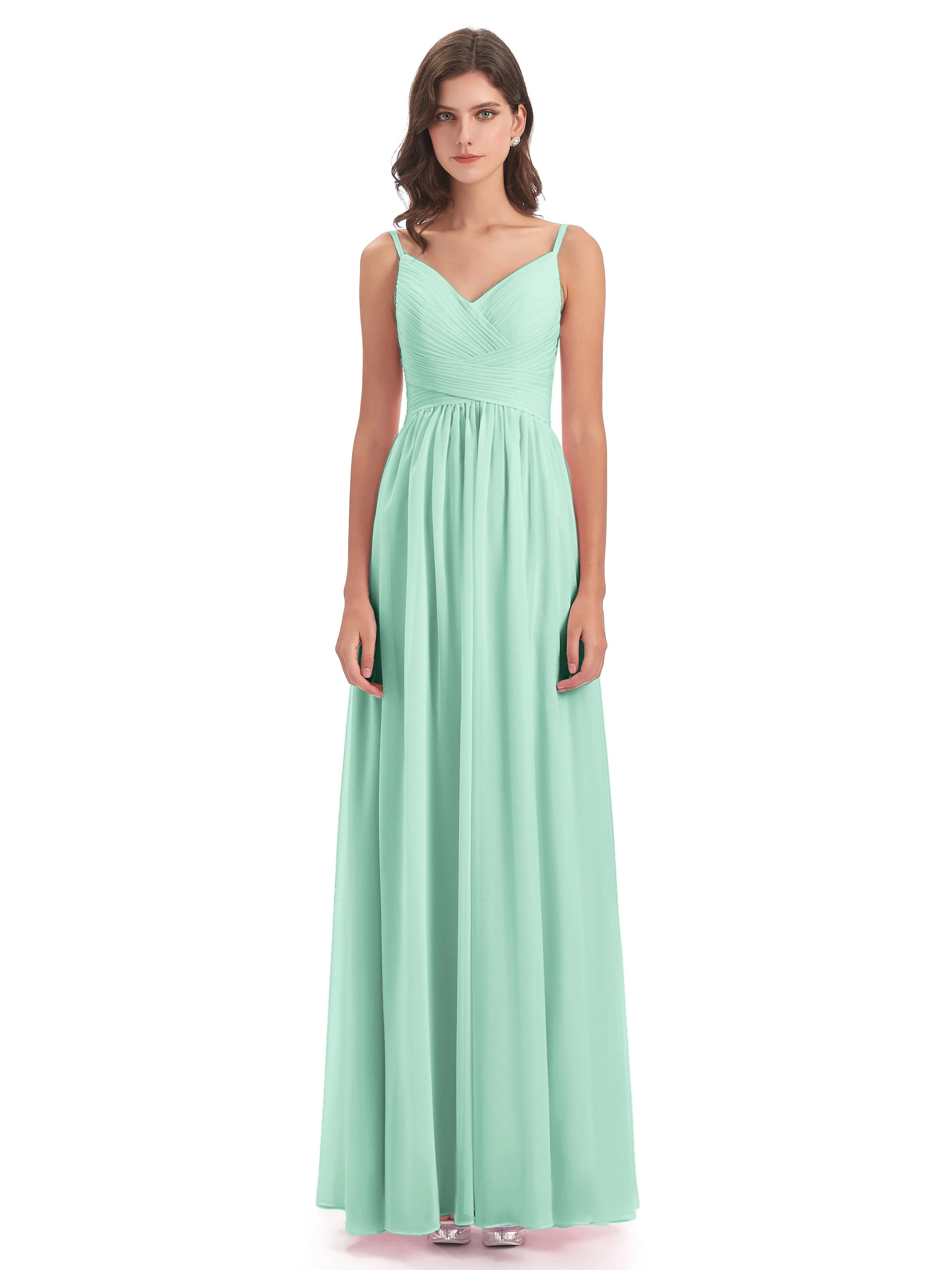 Poppy Simple Spaghetti Straps Pleating Long Bridesmaid Dresses