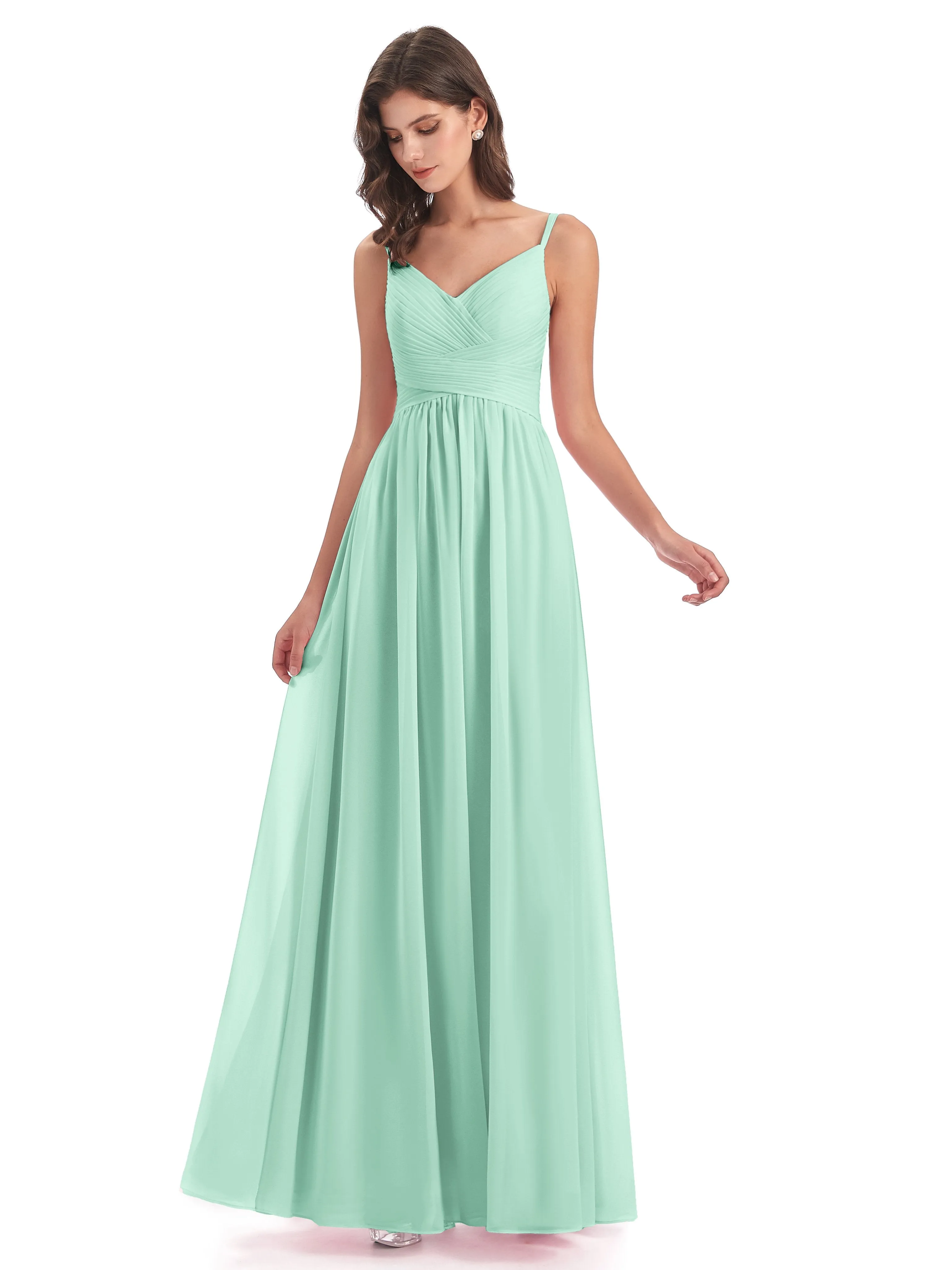 Poppy Simple Spaghetti Straps Pleating Long Bridesmaid Dresses