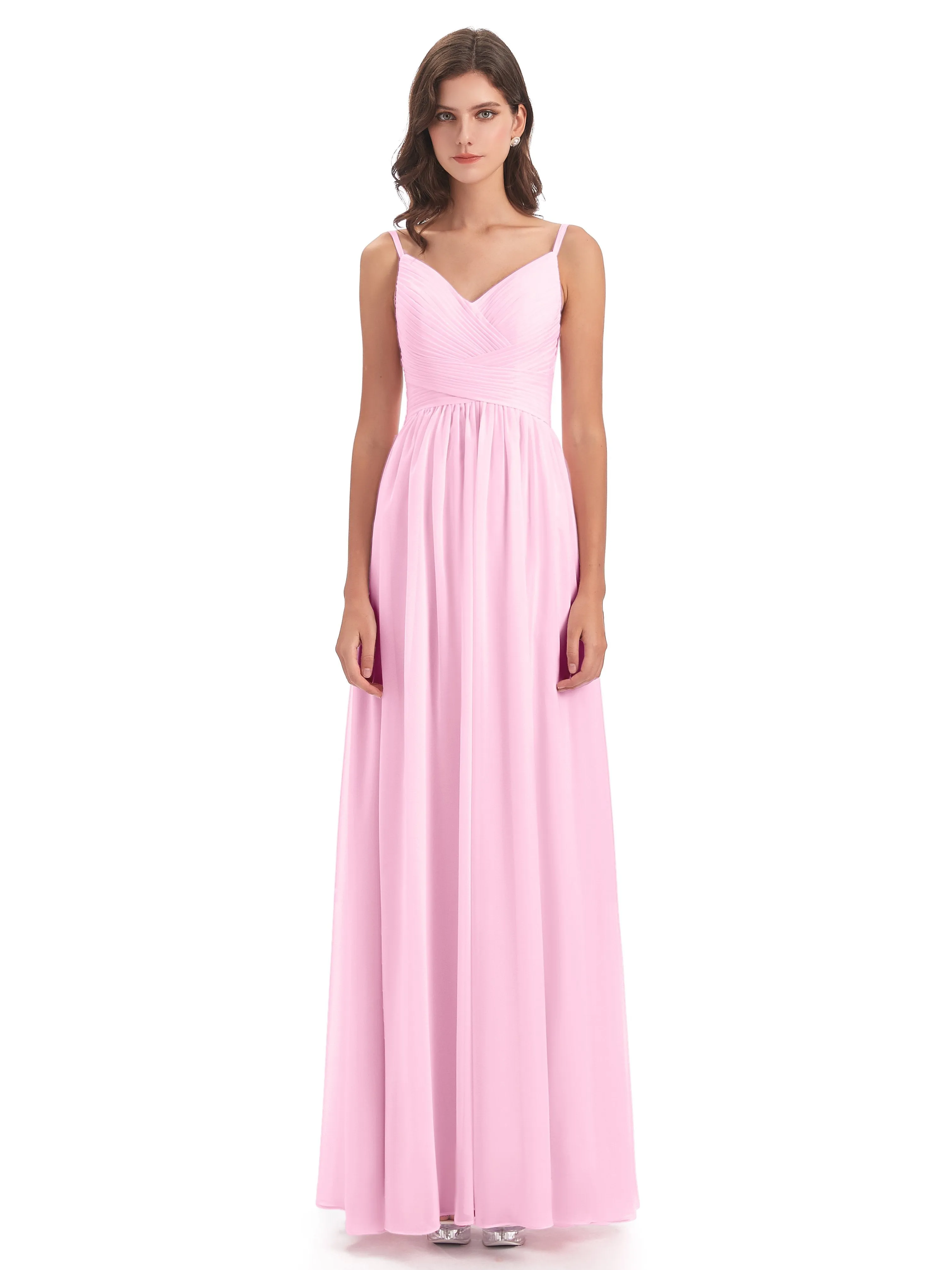 Poppy Simple Spaghetti Straps Pleating Long Bridesmaid Dresses