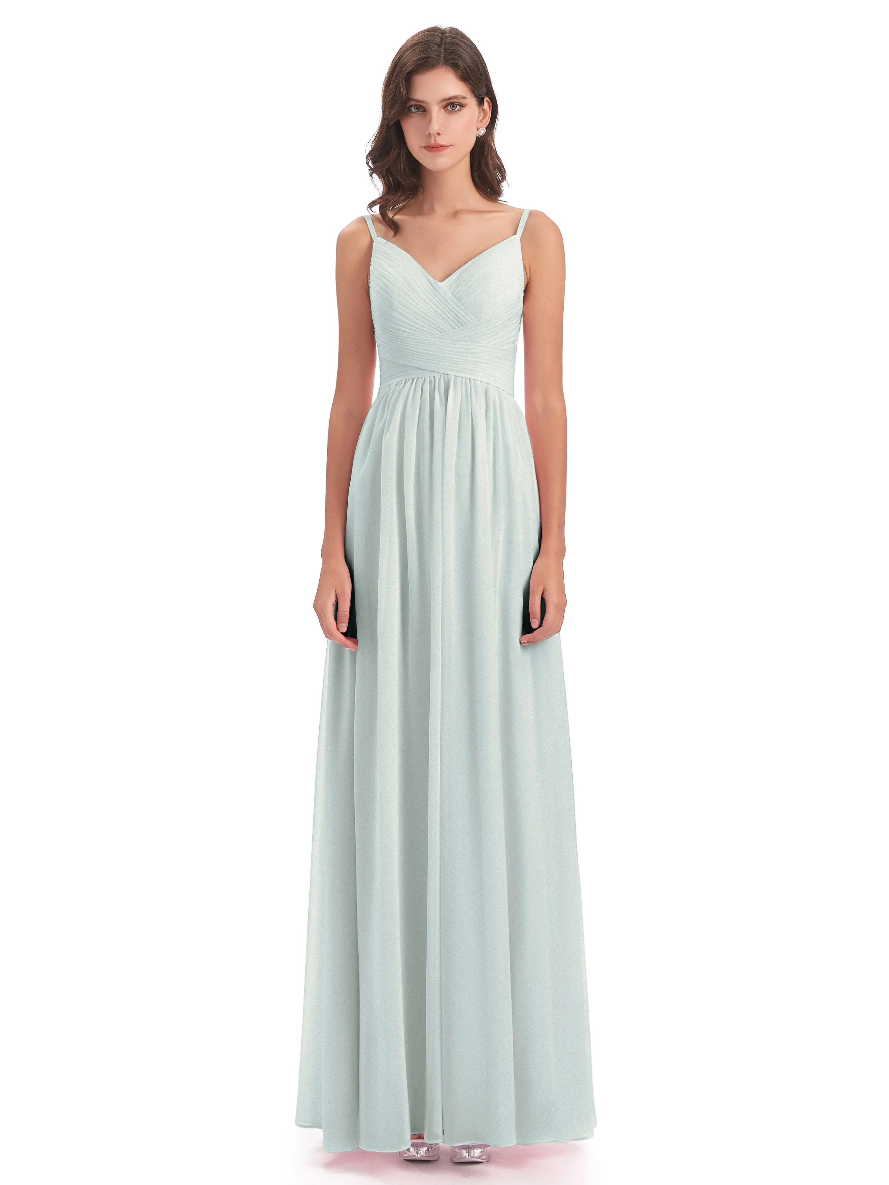 Poppy Simple Spaghetti Straps Pleating Long Bridesmaid Dresses