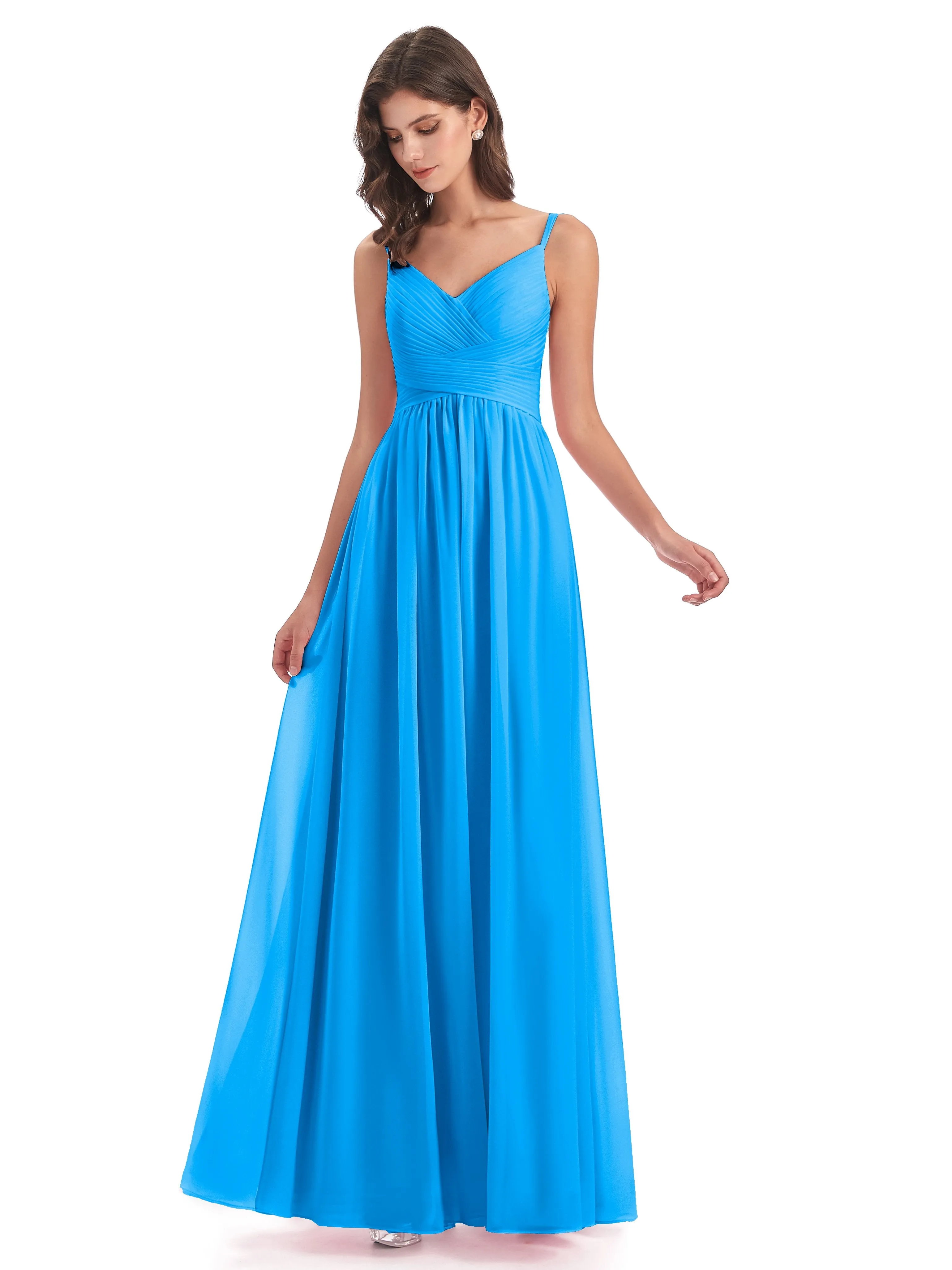 Poppy Simple Spaghetti Straps Pleating Long Bridesmaid Dresses