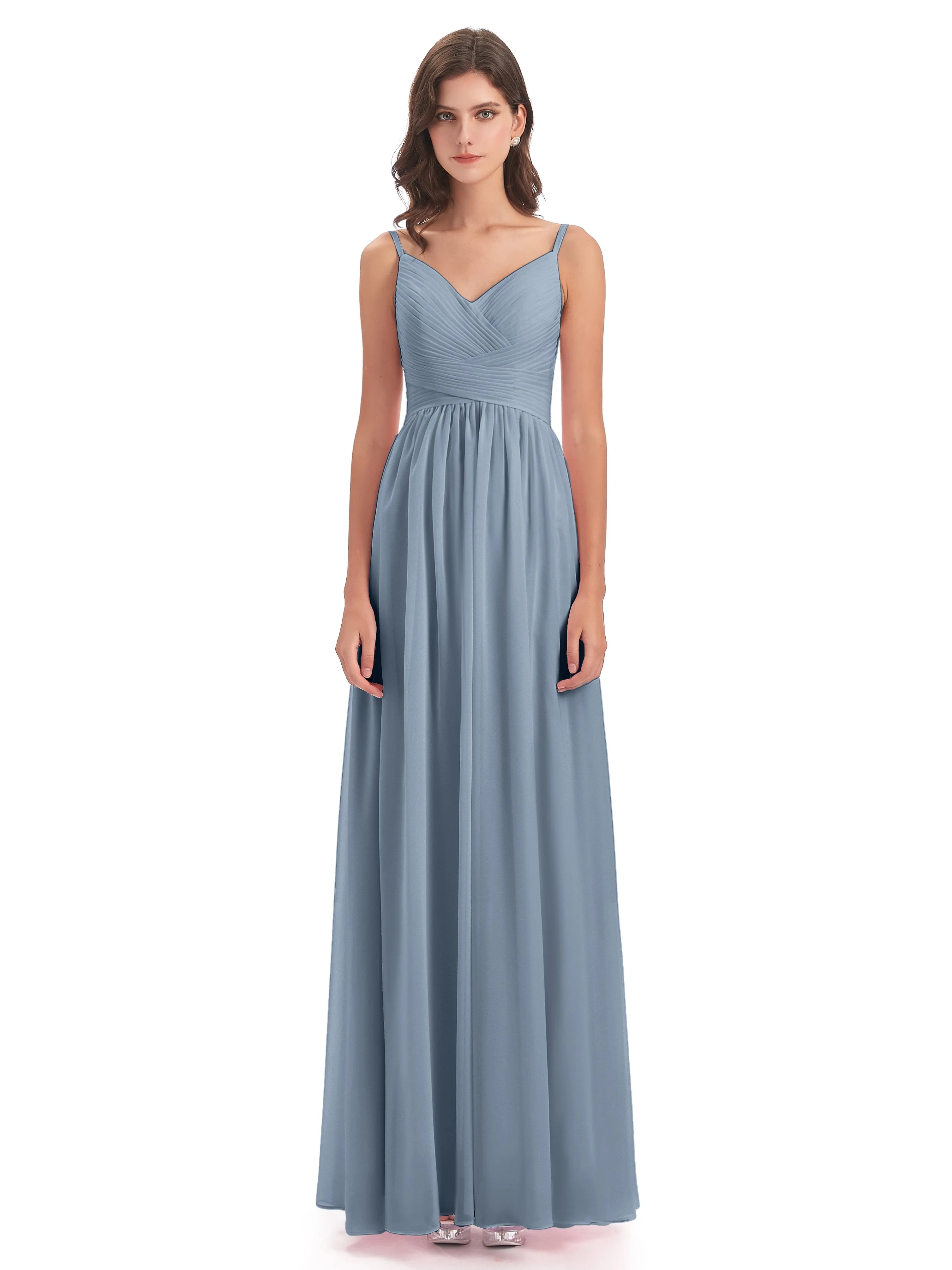 Poppy Simple Spaghetti Straps Pleating Long Bridesmaid Dresses